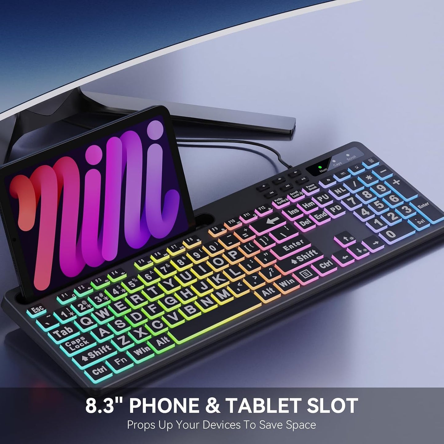 MARVO Large Print Backlit Keyboard, WK712 Wired Computer Keyboards with 7 Colors & 11 Modes Backlight, Tablet Phone Holder and Quiet Light Up Keys, Full-Size Gaming Keyboard for Windows, Mac