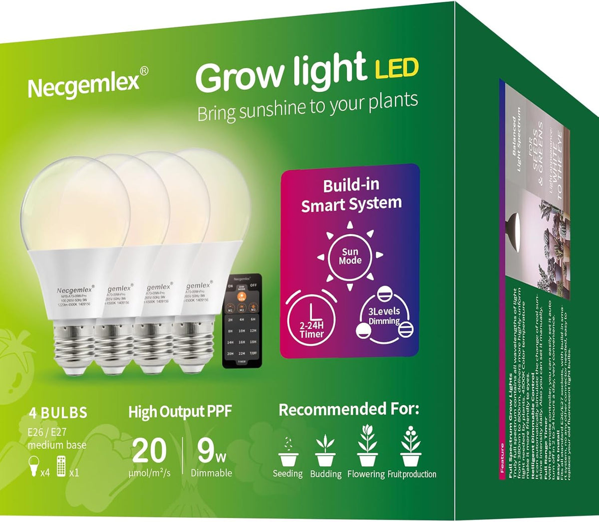 Smart Grow Light Bulbs for Indoor Plants, Programmable Timer and Dim