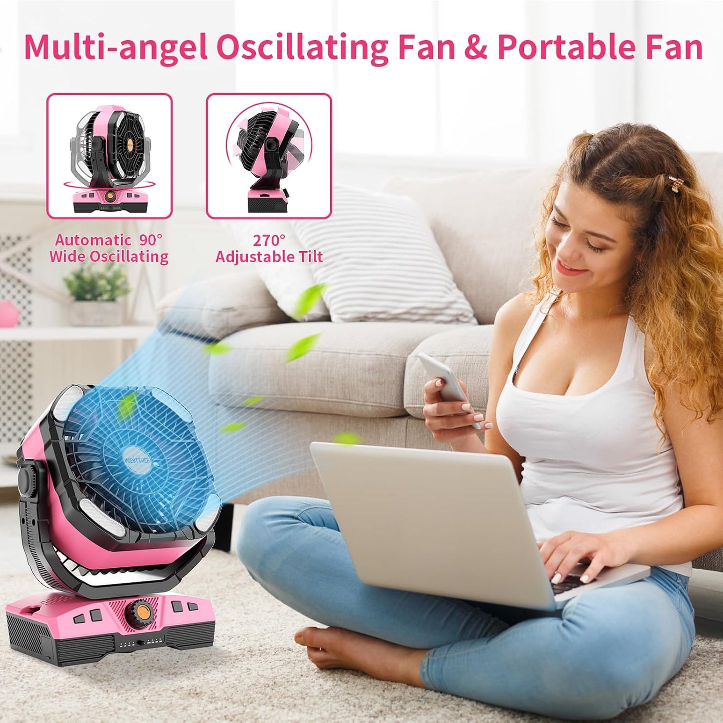 WESTTREE Camping Fan Oscillating Portable Fan 20000mAh Battery Powered Fans Rechargeable Camping Tent essentials Light Hook 270° Pivot USB Desk Outdoor Battery Operated X68 Pink