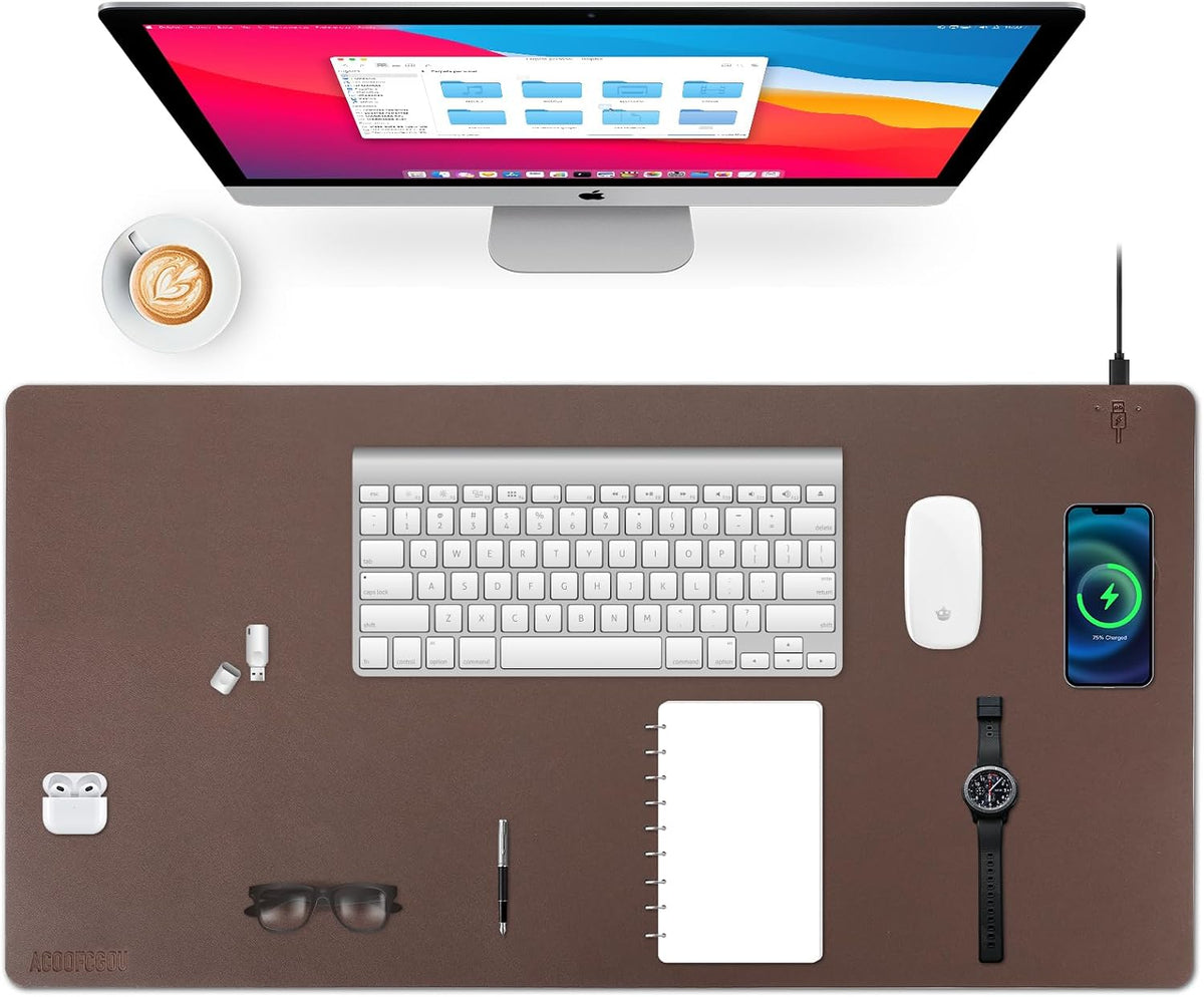 Wireless Charging Desk Mat, Mouse Pad, Brown-R, 32 * 16inch