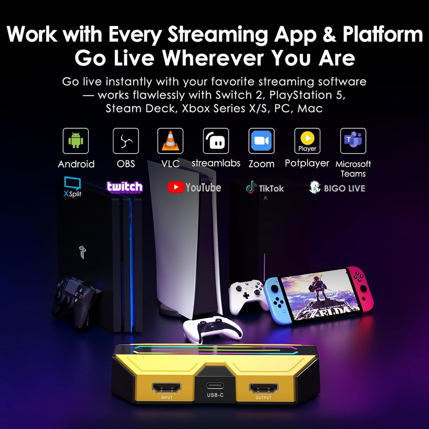 BlueAVS 4K HDMI Video Capture Card for Streaming, 4K 60Hz 1440P 144Hz 1080P 240Hz Capture with HDR VRR ALLM Passthrough, USB-C External Capture for PS5, Xbox Series X/S, Switch, Compatible with OBS