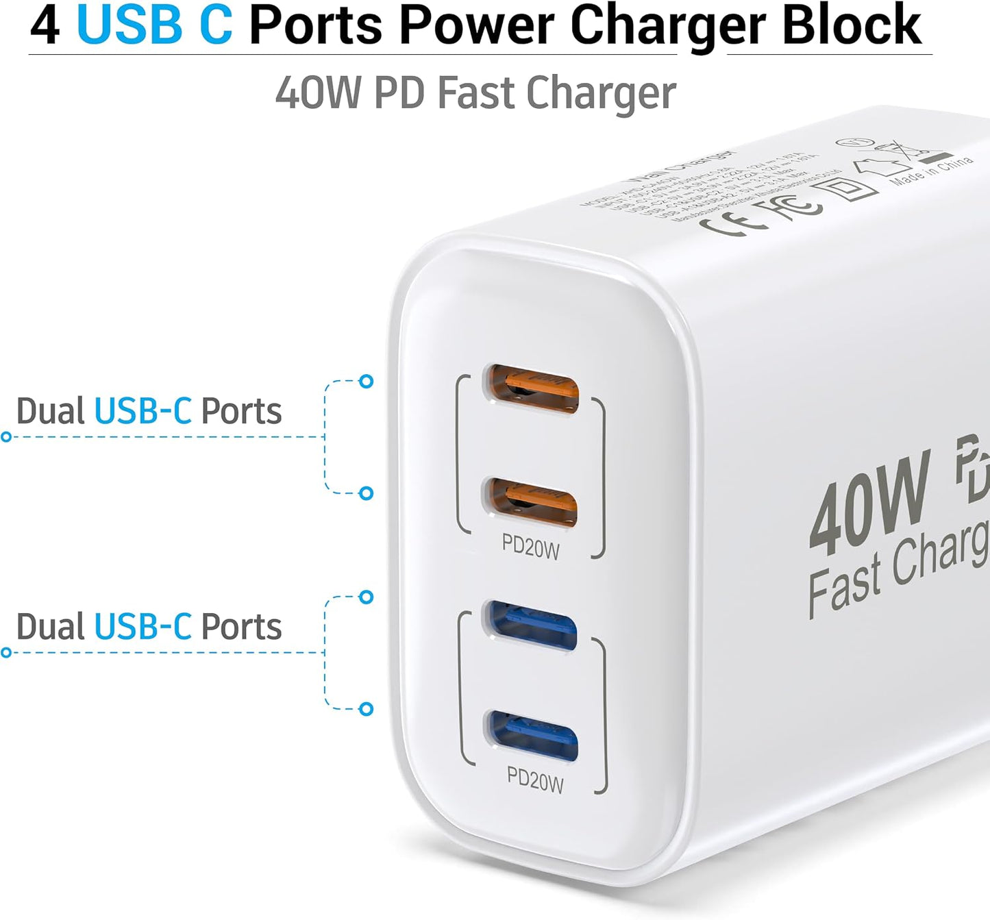 TT&C 40W USB C Charger Block, 2-Pack Type C Wall Plug for iPhone 17, 16, 15 | 4 USBC Ports Fast Charging USB-C Adapter Box Cube Compatible with iPhone 14/13/12 Pro Max Air & Samsung phone (White)