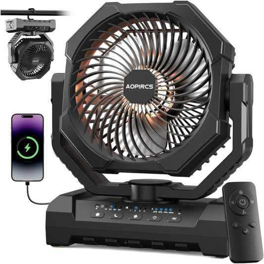 Camping Fan Rechargeable, 24000mAh Battery Powered Fan with LED Light, Hook | Portable Fans, 8-60H, 4 Speed, Timer, Sleep Mode, Camping Gear, Travel Essentials, for Tent, RV, Outdoor, Garage, Emergency