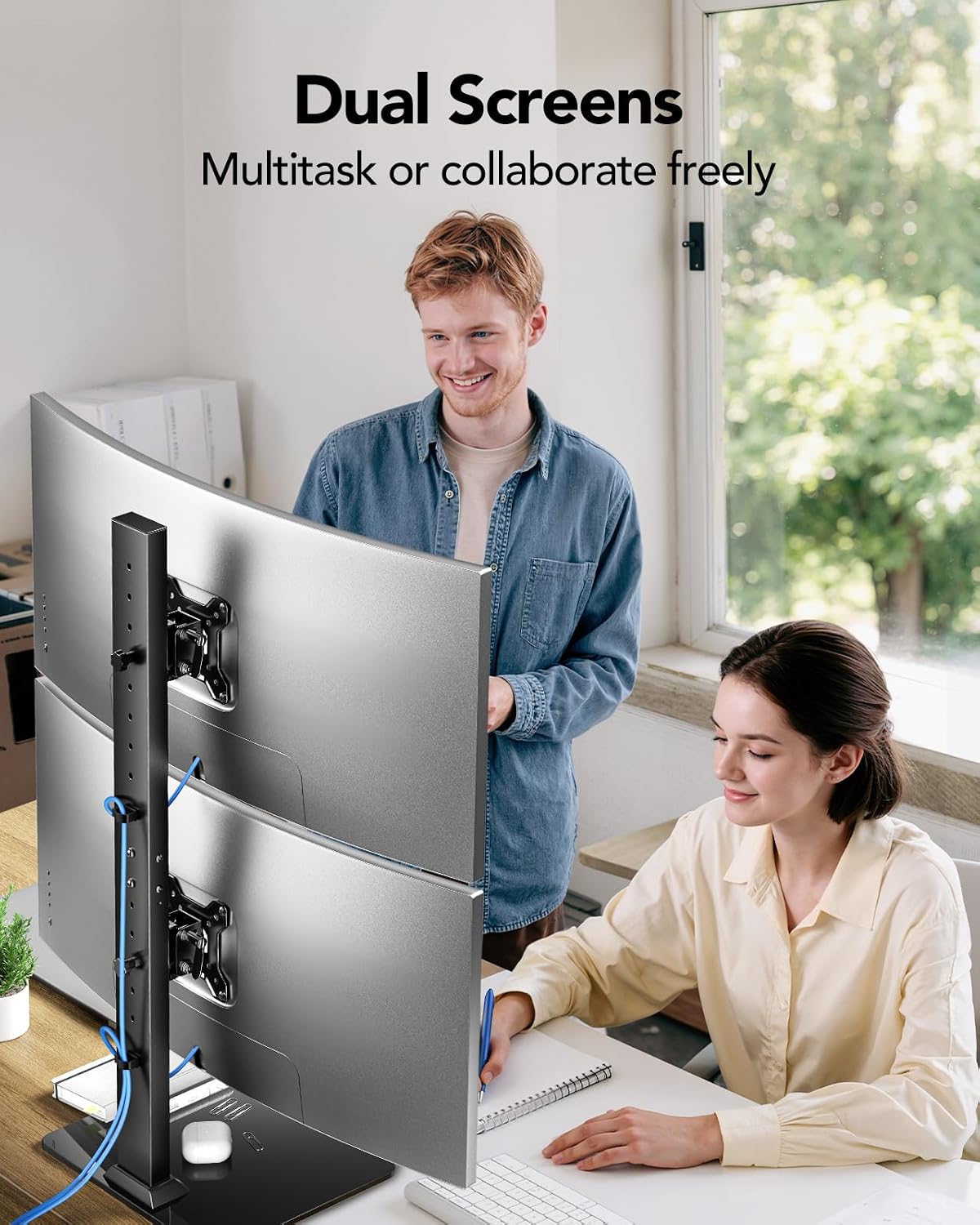 HUANUO Dual Monitor Stand for 13 to 34 Inch, Max Load 44 lbs, Vertical Monitor Mount, Freestanding Monitor Riser with Swivel, Tilt, Rotation, 13 Height Settings, Max VESA 100x100