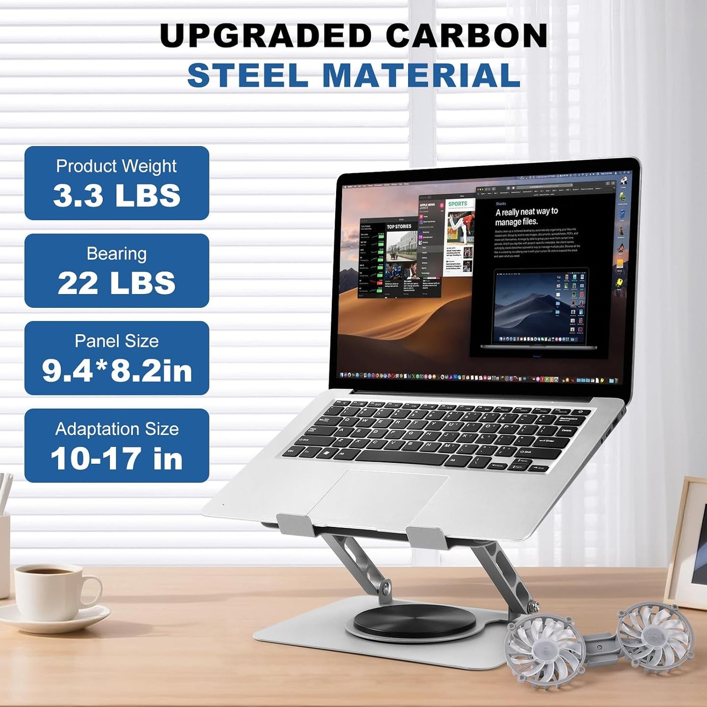 Laptop Cooling Stand with 2 Detachable Fans, 360° Rotating Adjustable Laptop Stand, Carbon Steel Ergonomic Laptop Riser, Anti-Slip Base for 10-17.3" Notebook MacBook, Office Home Gaming