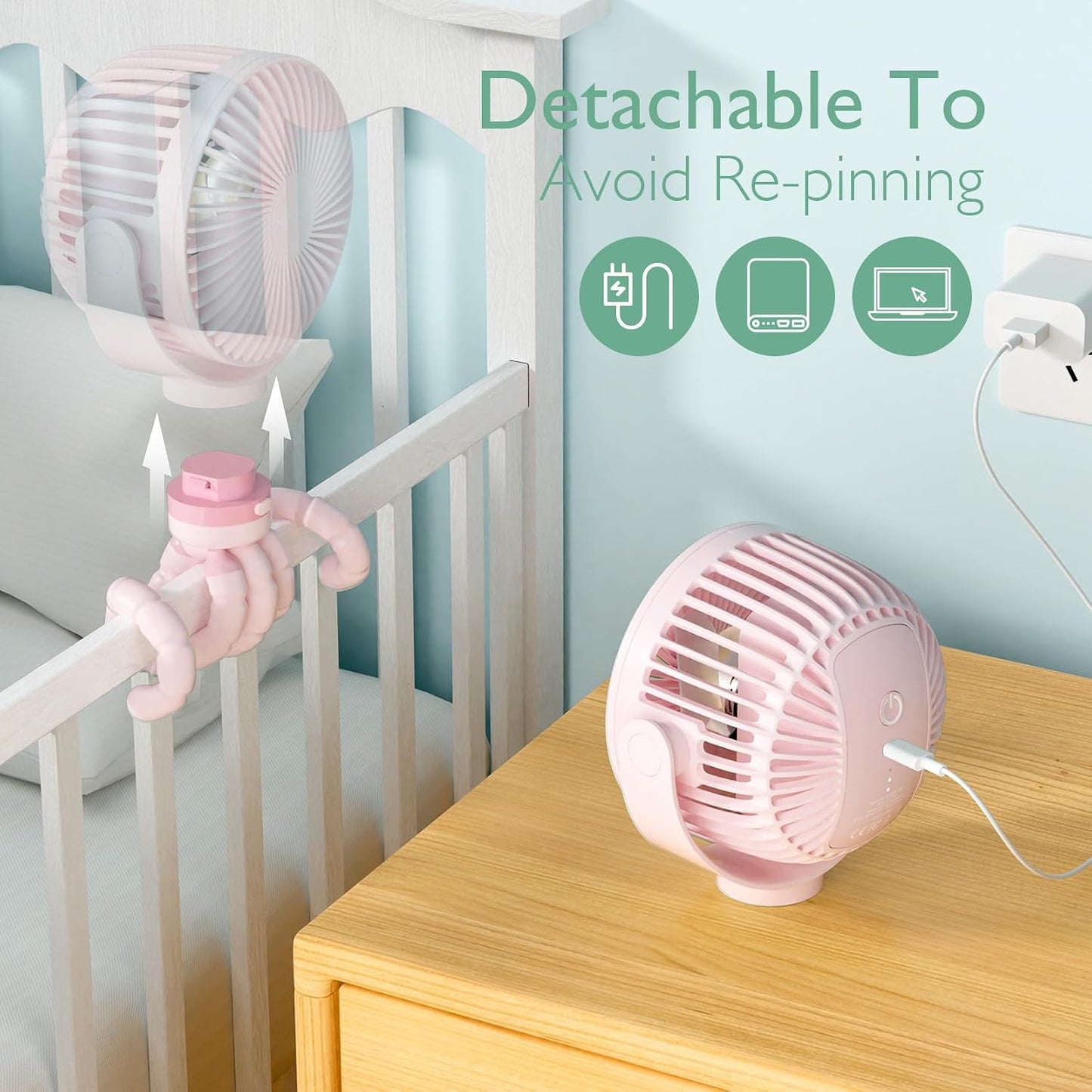 Momcozy 8000mAh Portable Stroller Fan, 27H Ultra-long Battery Life | Detachable 4 Speed 360°Rotate LED Night Light with 2 Modes, USB Rechargeable Handheld Cooling Fan for Travel/Car Seat/Bedroom