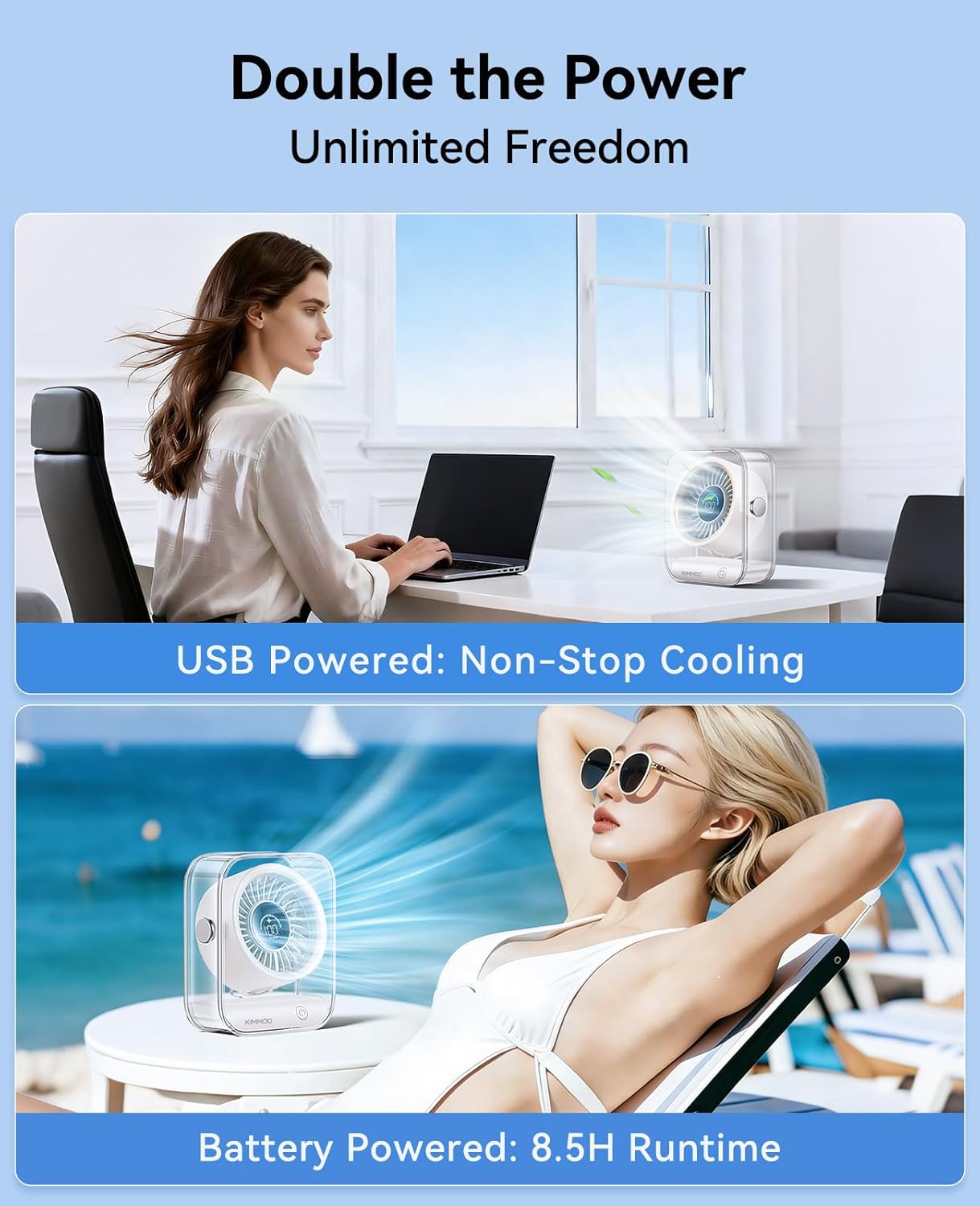 KIMMOO Rechargeable USB Desk Fan, Quiet Table Fan with Turbo Airflow, 100 Speeds, Digital Display, 90° Rotating, Small Battery Desktop Fans for Bedroom Home Office Trave, Beige
