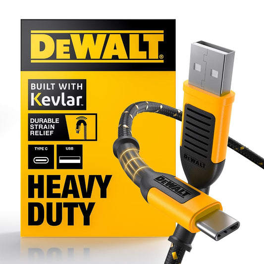 DEWALT Heavy Duty USB C Cable | Premium Braided Nylon USB A to Type C Charger Cable Fast Charging for iPhone 17/16/15 Series, LG V30 (USB 2.0, Black)