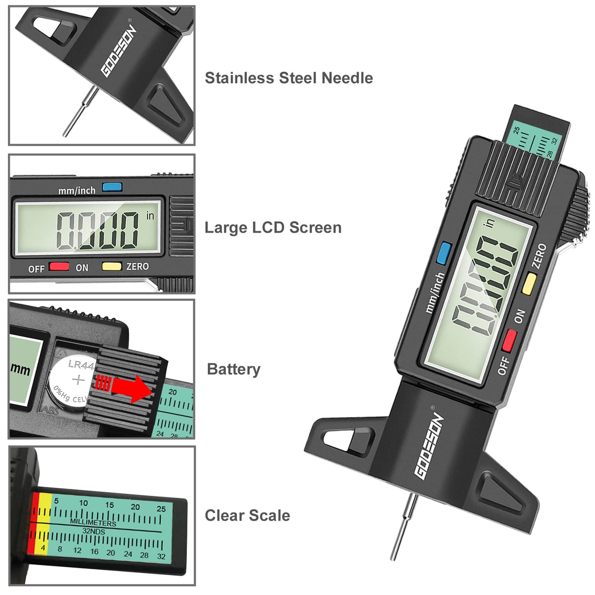 Tire Tread Depth Gauge,Digital Tire Tread Depth Gauge in 1Inch/25.4mm with Color-Coded Bar, Easy Read Tire Depth Gauge for Cars, Trucks, Motorcycles