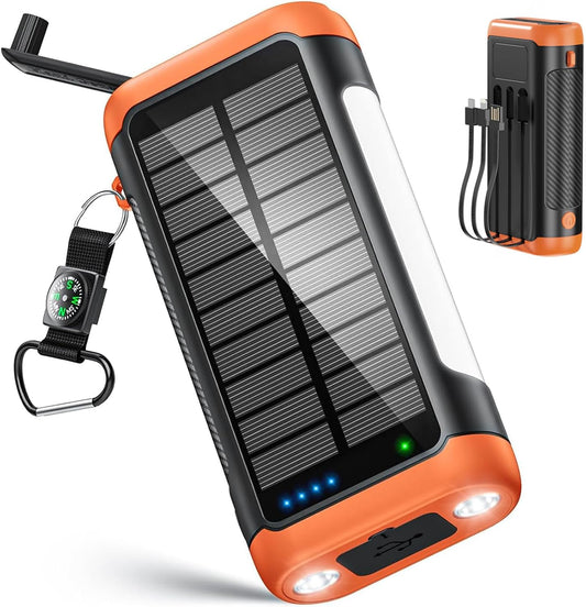 Solar Power Bank Portable Charger 66800mAh Battery Pack for Camping | Built Cables,Hand Crank,22.5W Fast Charging,Flashlights,Table Lamp,Compass,5 Outputs,5 Intput