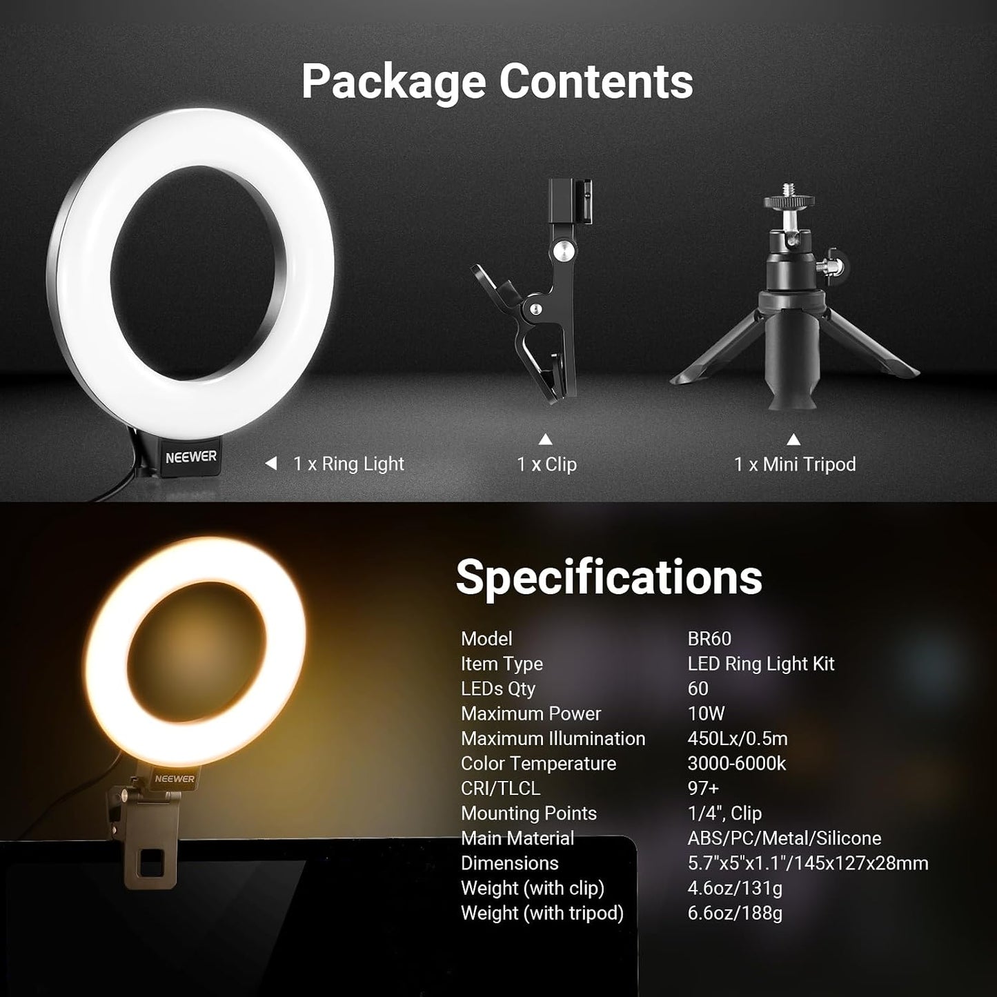 NEEWER Basic 5" Ring Light for Video Conference Lighting, Clip on Light Kit with Desk Tripod Stand for Monitor Laptop Computer Zoom Call Live Streaming Remote Working Learning Video Recording, BR60
