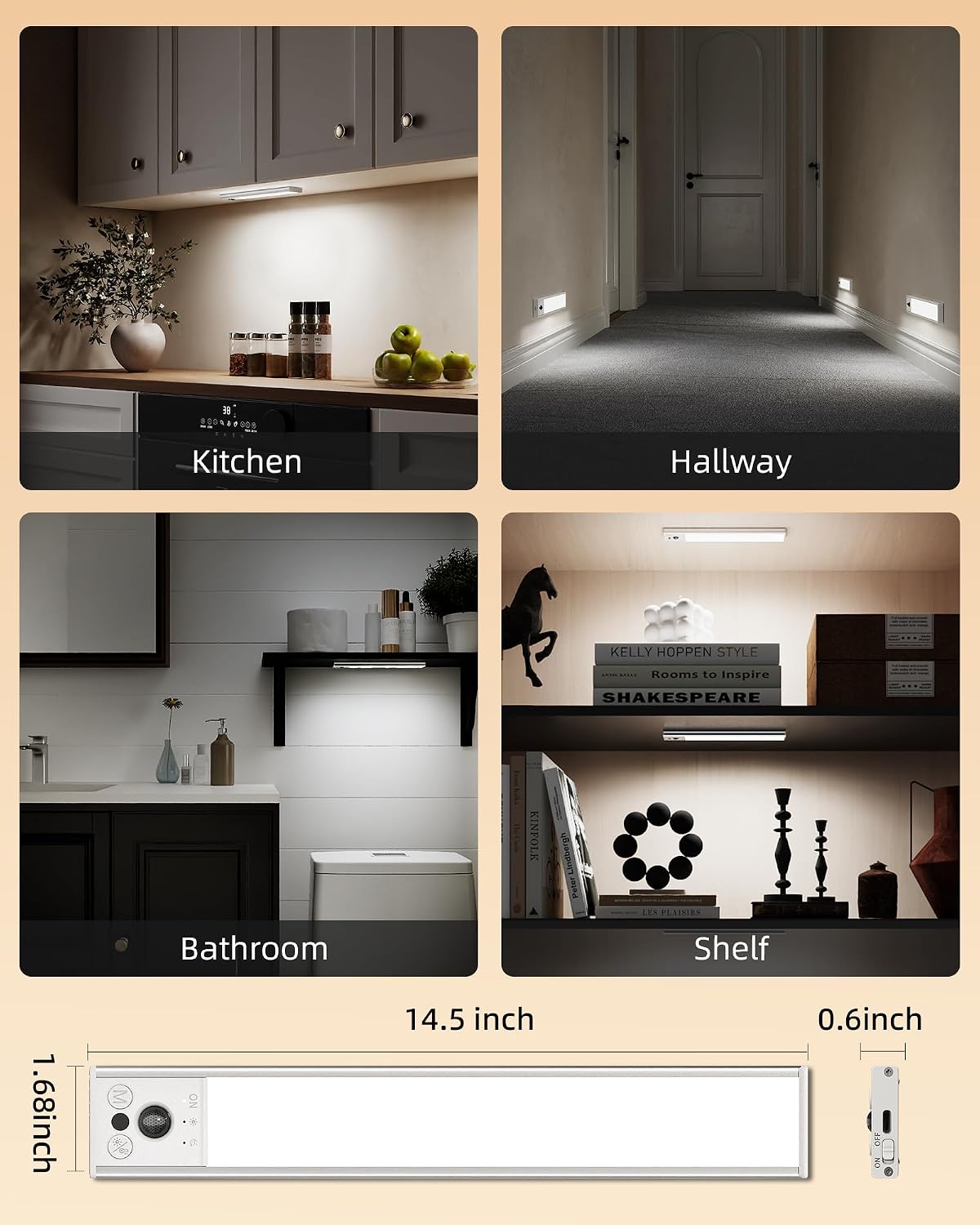 EZVALO 14.5inch Under Cabinet Lighting, 2 Pack 3500mAh Rechargeable Wireless Motion Sensor Lights Indoor, Dimmable Magnetic Closet Lights, Under Counter Lights for Kitchen, Pantry, Stairs