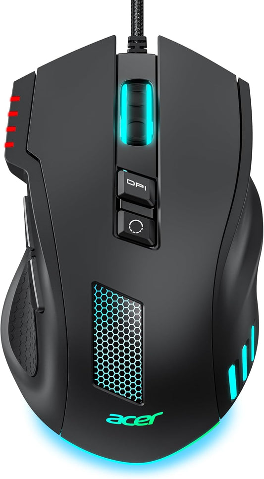 Acer Wired Gaming Mouse, 12,800 DPI RGB Ergonomic Computer Mouse for PC | Optical Sensor, 12 Backlit Modes, 8 Programmable Buttons, Software for DIY Keybinds, Rapid Fire, USB Mouse for Laptop