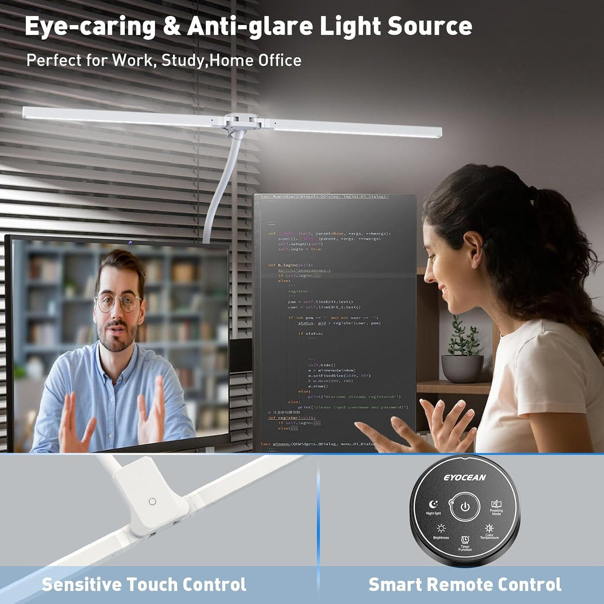 EYOCEAN Desk Lamp with Clamp, 31.5" LED Desk Lamp for Home Office, 24W Double Head Desk Light, Dimmable & Color Temperature, Table Lamp with Remote Control, Brightest Computer Monitor Light