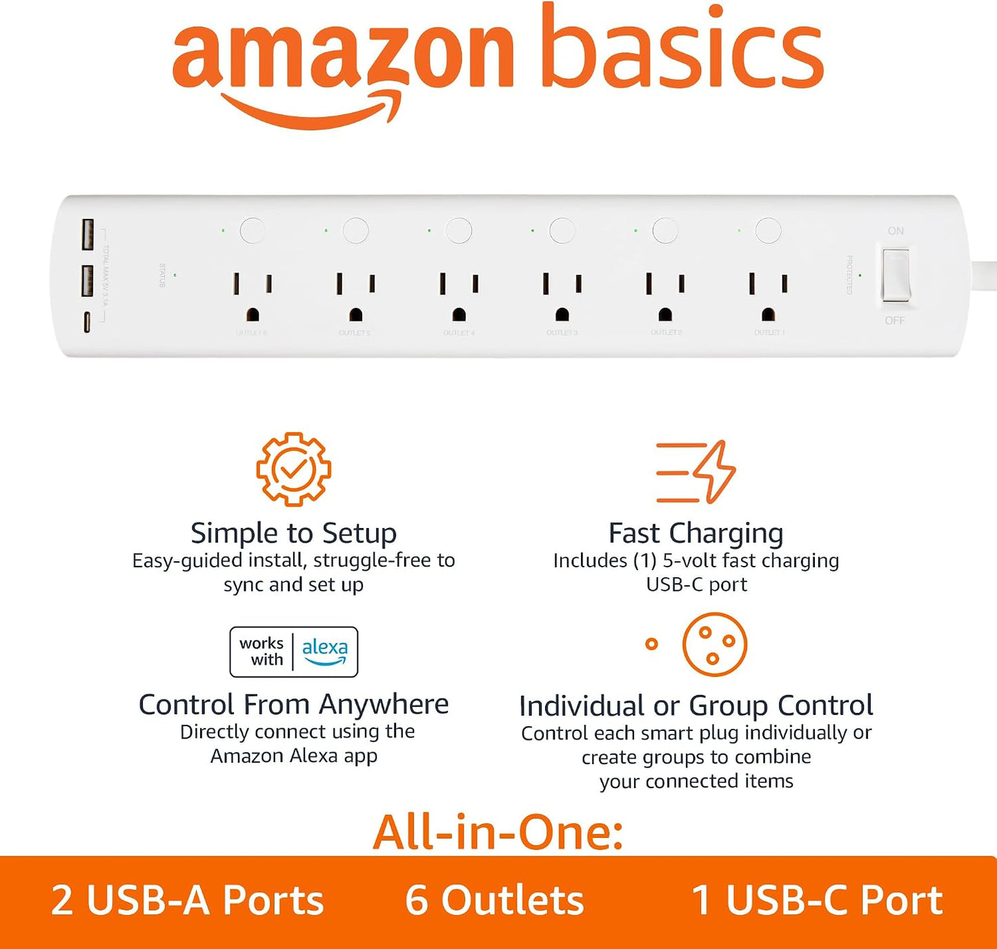 Amazon Basics Smart Plug Power Strip with 6 Individually Controlled Outlets and 3 USB Ports (2 USB-A and 1 USB-C), WiFi, Works with Alexa Only, 2.4 GHz, No Hub Required, White