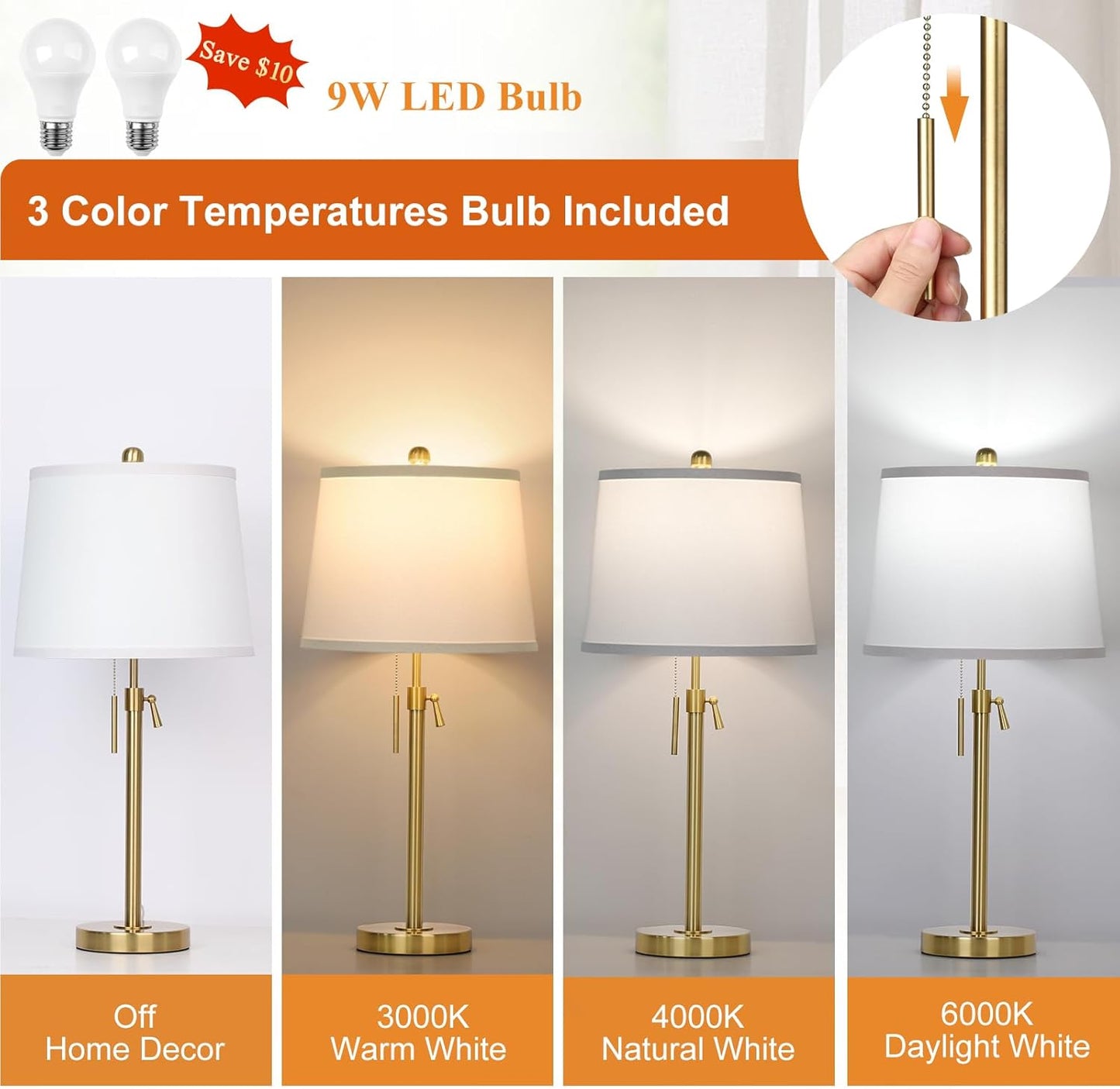 JUNNAI 2 Pack 22"-30" Adjustable Height Table Lamps Set, Modern Gold Table Lamps with White Shade 3 Colour Temperature Pull Chain Tall Lamps for Living Room Bedroom Bedside End Table Nightstand