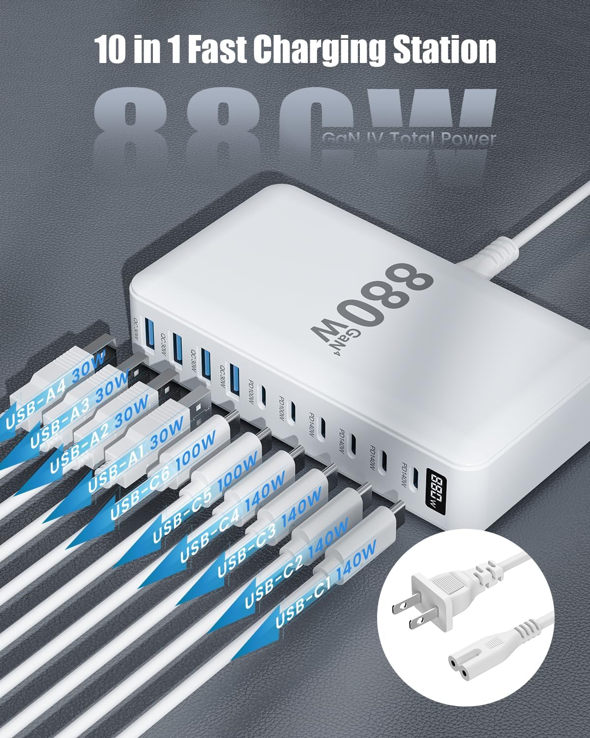 USB C Charger 880W USB C Charger Block,GaN IV 10-Port Charging Station Hub