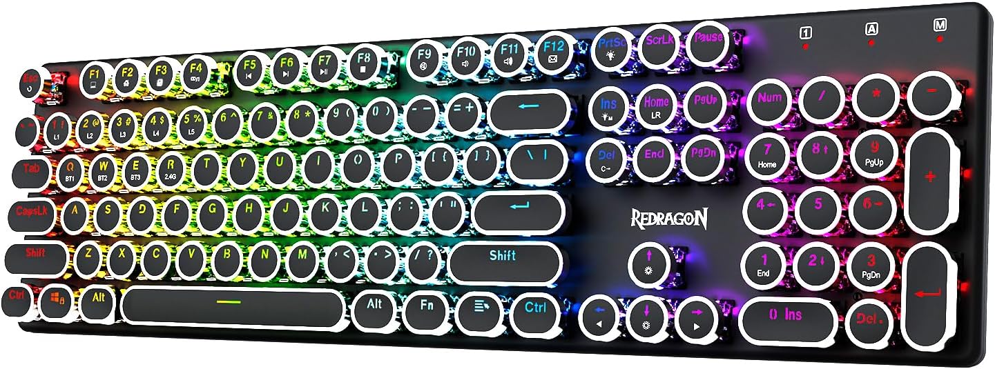 Redragon Wireless Typewriter Style Mechanical Gaming Keyboard, Black | Bluetooth/2.4Ghz/Wired, RGB Led Backlit, Blue Switch - Clicky, Rechargeable 4000mAh, Solid Metal Panel, Round Keycaps