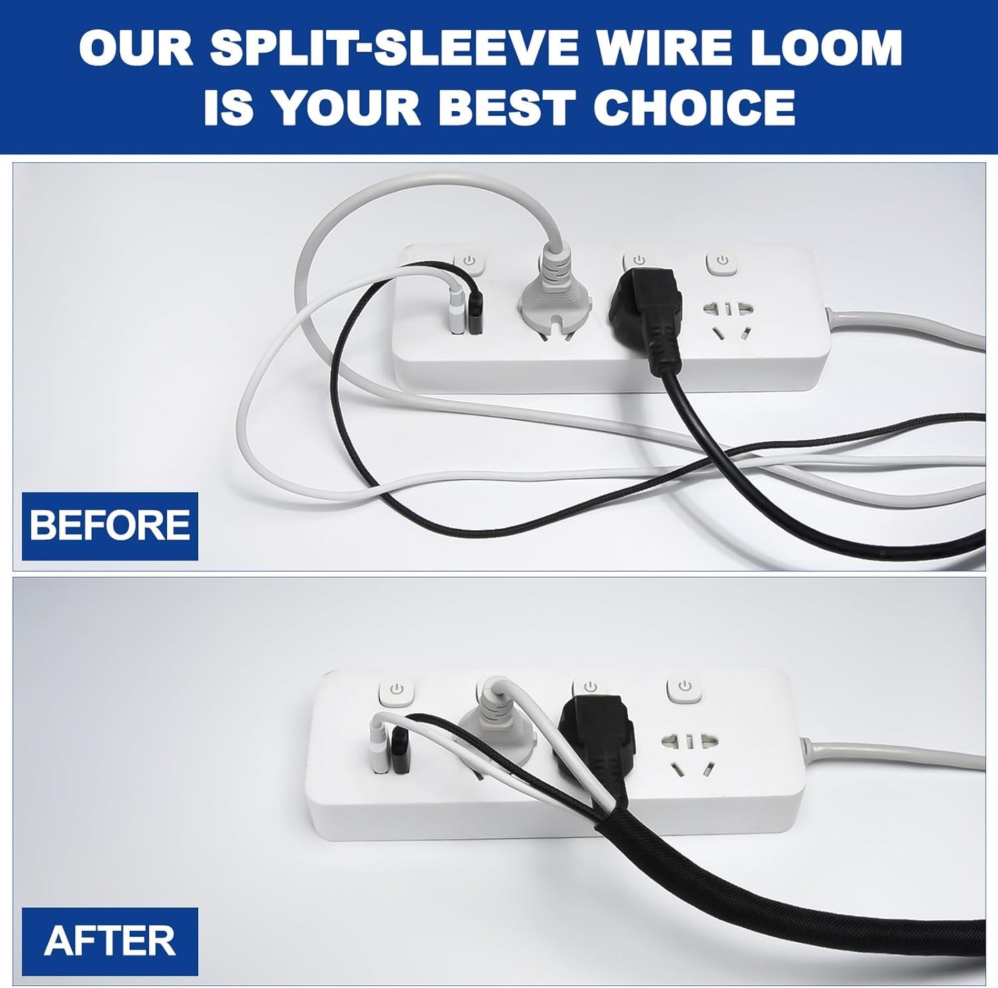 Split-Sleeve Wire Loom for High-Temperature Automotive Harness and Home Cable Management, 25ft - 1/2 inch Braided Cable Management Sleeve Cord Protector, Self-Wrapping Split Wire Loom