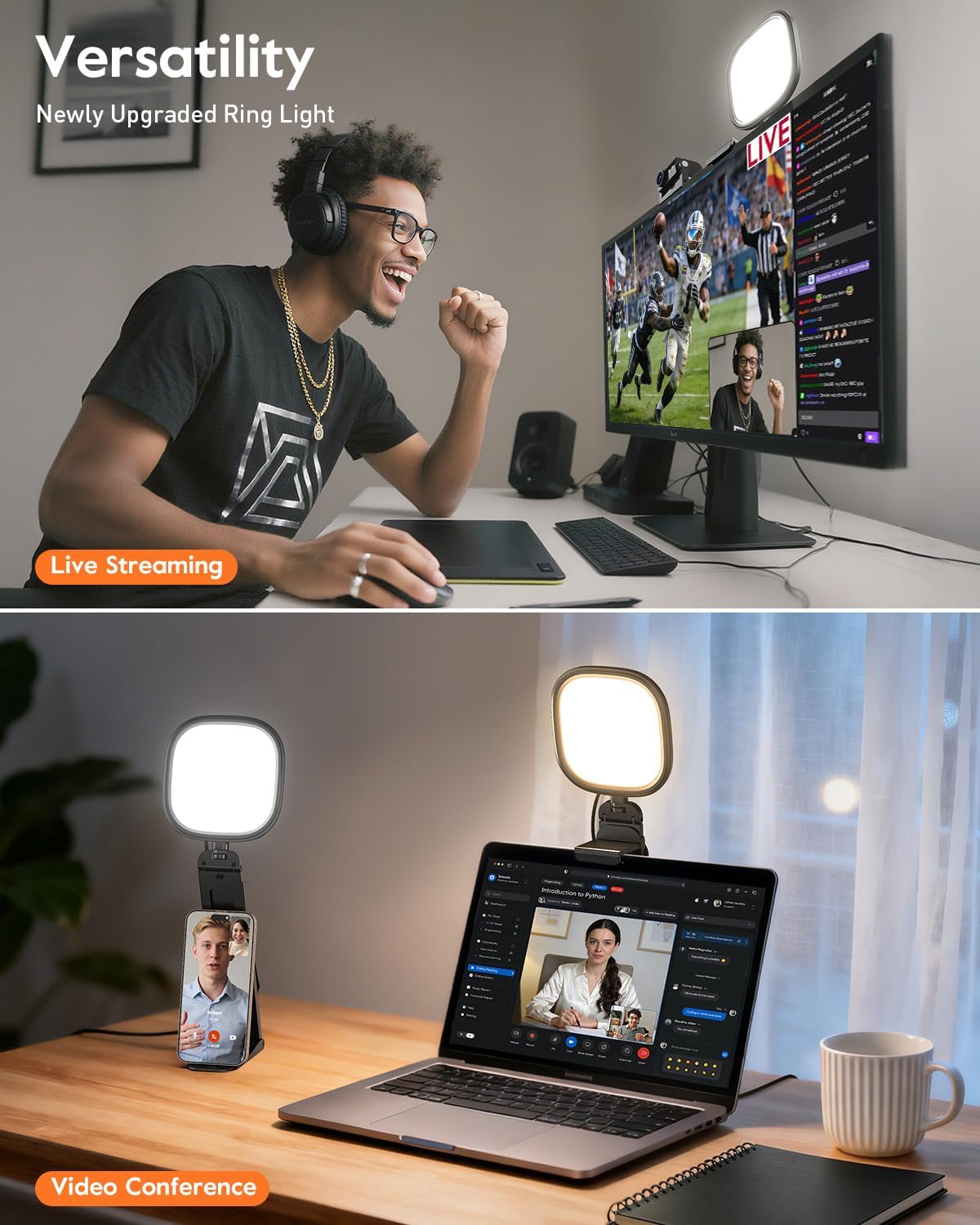 LitONES Webcam Ring Light for Laptop, Monitor & Desk - Screen-Safe Clip | Eye-Caring Diffused LED Light with Adjustable Monitor Mount, CRI 97.8+, 50 Lighting Modes for Zoom, Video Calls & Streaming