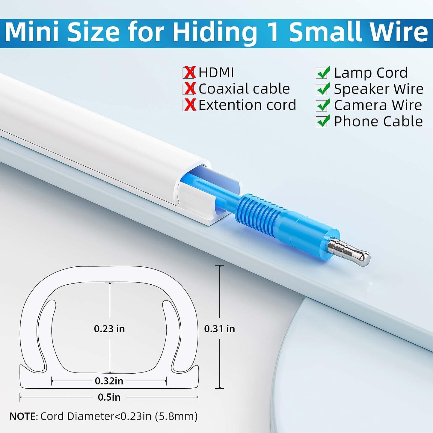 Yecaye 128in Mini Cord Hider, On-Wall Cord Cover, W0.5in H0.31in, White | Small Cord Covers for Wires on wall, Cable Management Hider for Single Wire, Cable Cover