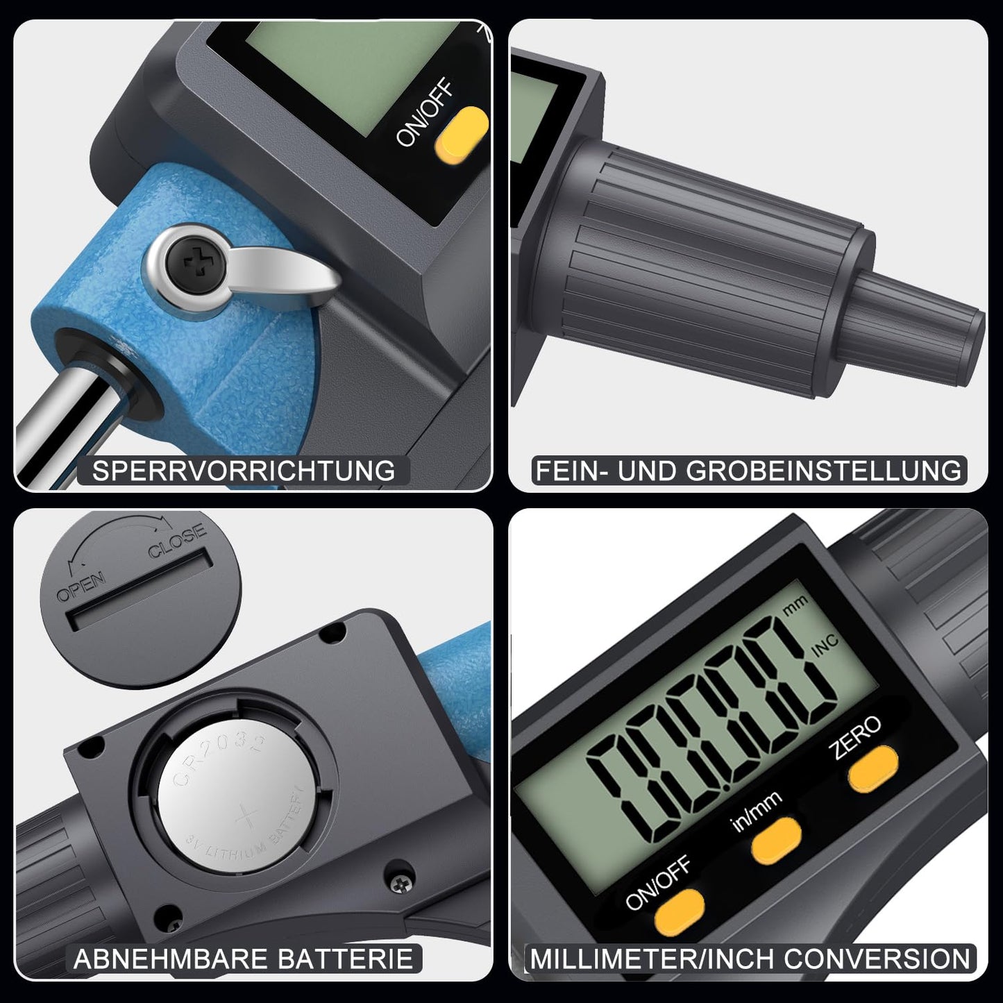 HDLKNAK Digital Outside Micrometer 0-1”, 0.00005"/0.001mm Precision(Blue) | Micrometer Precision Carbide Tipped Measuring Tool, Inch/Metric Dual Reading, Machinist Thickness Gauge with Large LCD