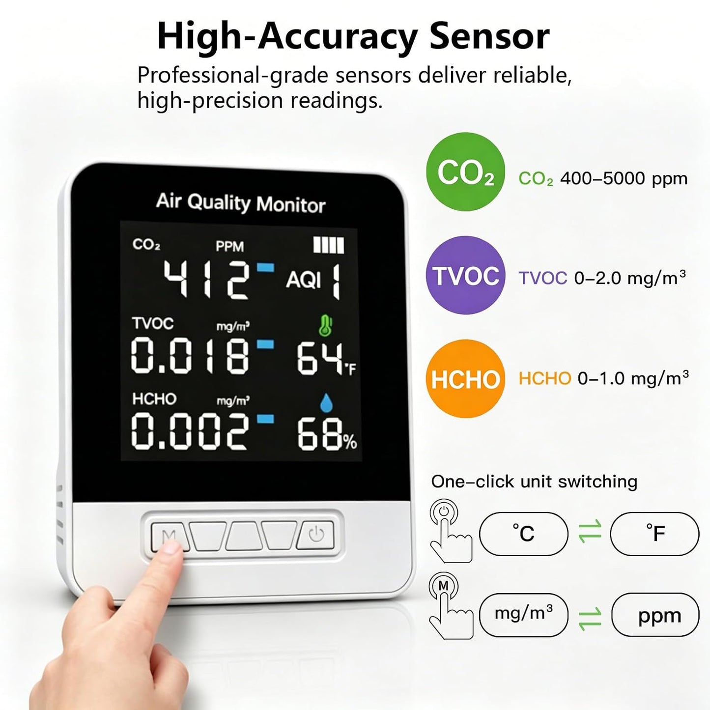 6-in-1 Air Quality Monitor, Smart Indoor CO2 Detector & HCHO TVOC AQI Tester, Accurate Temperature Humidity Meter with Color Display for Home, Bedroom, Office, Car, USB Powered