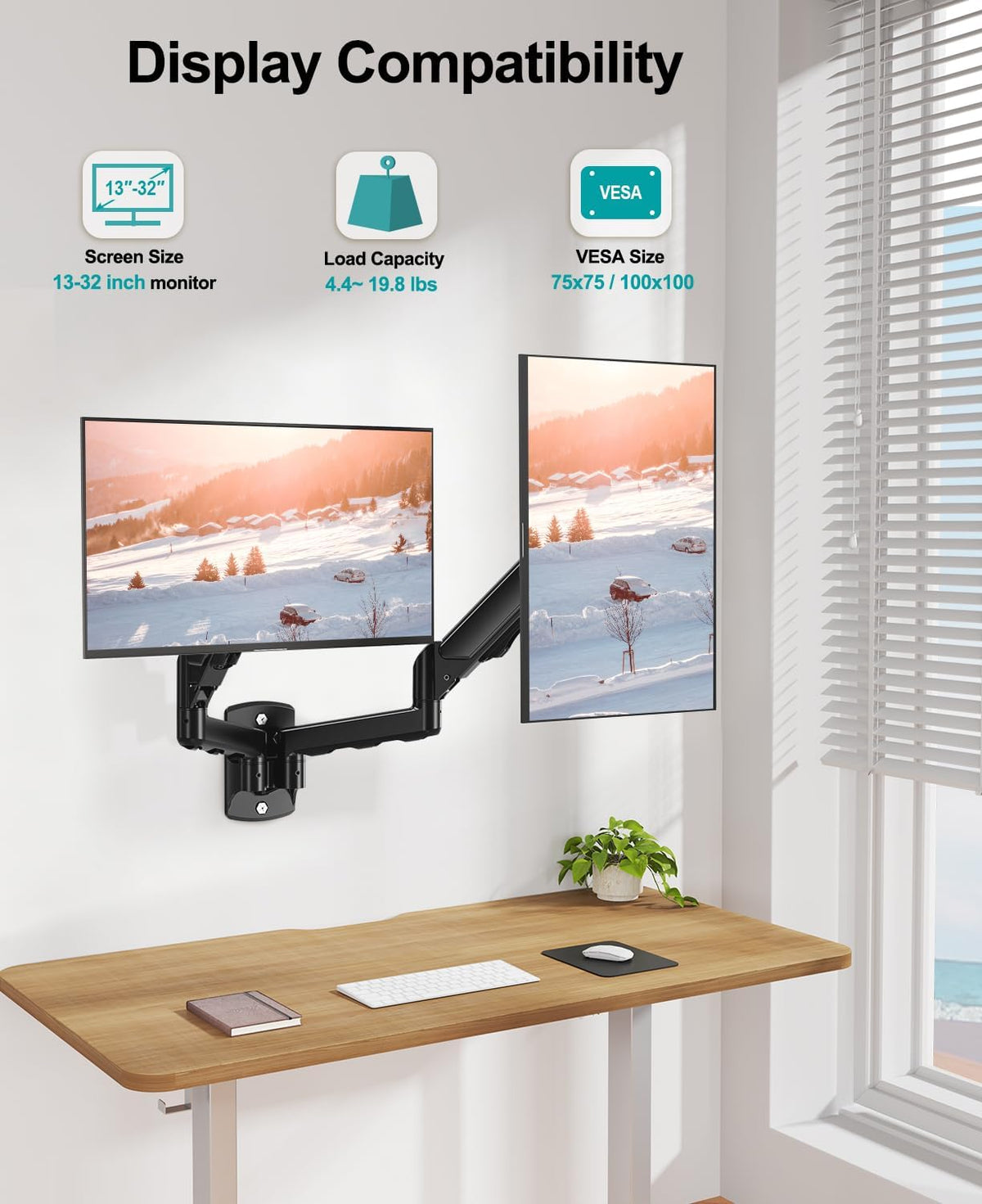 MOUNT PRO Dual Monitor Wall Mount for 2 Computer Screen up to 32 Inch, Gas Spring Double Monitor Arm Holds Up to 19.8lbs Each, Full Motion Adjustable Wall Monitor Mount, VESA Mount 75x75/100x100