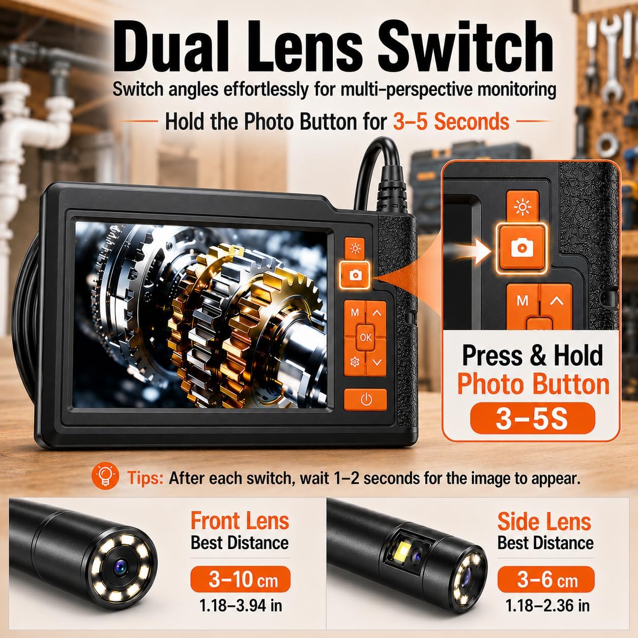 Dual Lens Borescope Inspection Camera, 4.3" HD Screen 1080P Photo Video | Endoscope Camera with 32GB Card, 8+1 Lights, 16.4FT Semi-Rigid Cable, IP67 Waterproof Snake Camera for Automotive, Pipe, HVAC