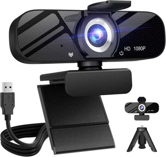 Tewiky Full HD Webcam with Built-in Microphone and Rotatable Tripod, 1080P Video and Wide Angle Camera, Privacy Cover, for Desktop PC or Laptop Computer