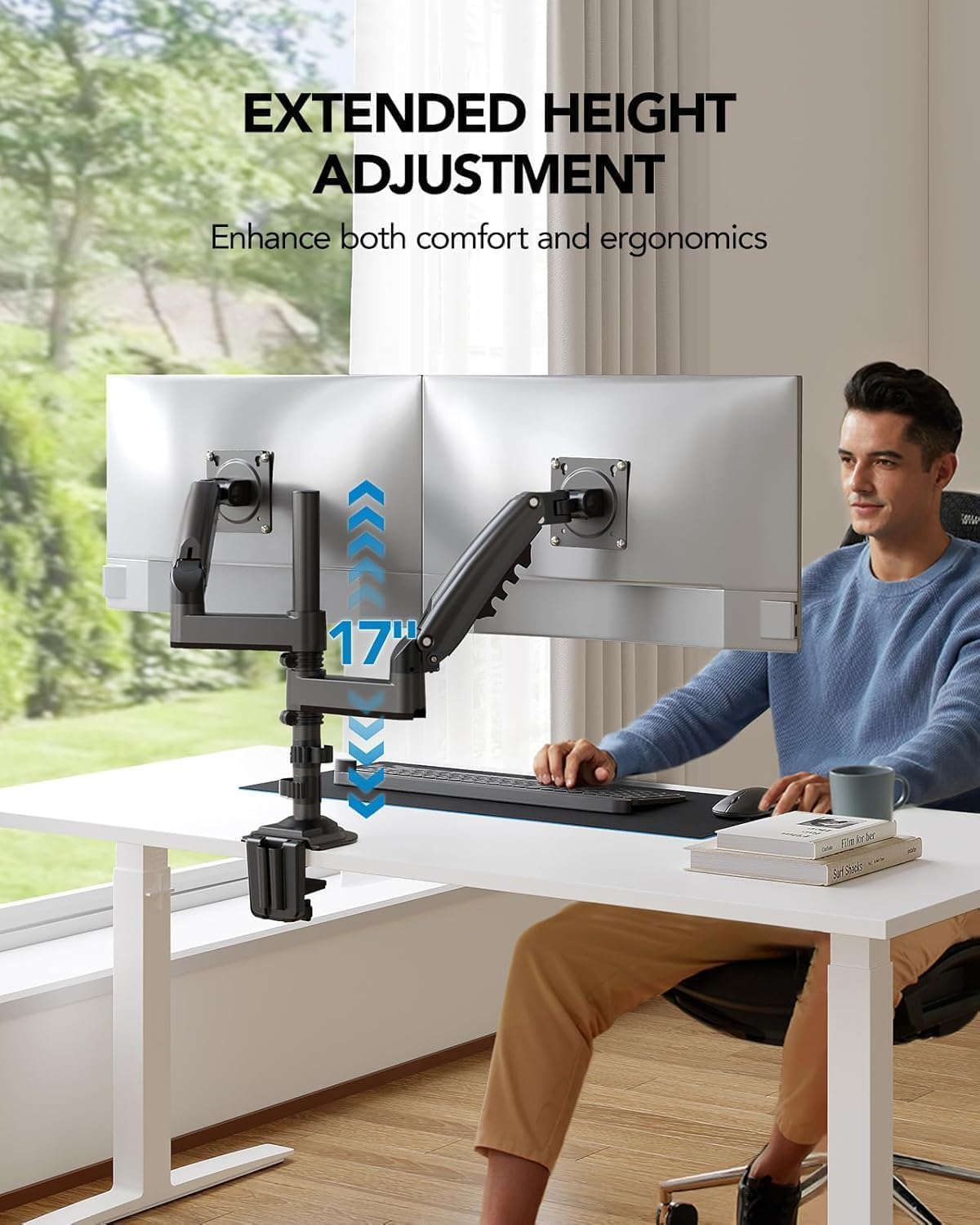 HUANUO 17-32 Inch Dual Monitor Stand, Vertical Dual Monitor Mount, Monitor Stand 2 Monitors, Ergonomic Adjustable Tilt/Swivel/Rotate, Weight Max 19.8 lbs, VESA 75/100mm
