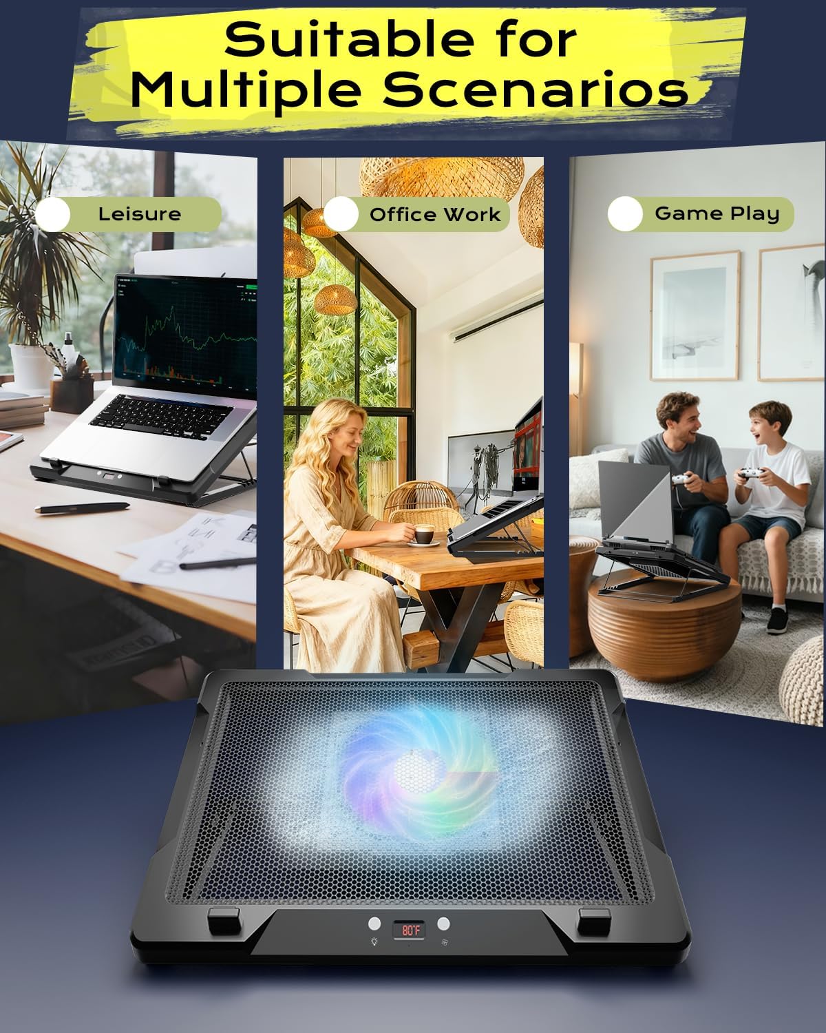 DEPGI Laptop Cooling Pad, Laptop Cooler Stand with 5.5" Movable Fan Easy to Clean, Auto Temp Sensor & 3-Speed Manual Control, Ultra Quiet ≤40dB for 14–17.3 Inch Laptops，Black