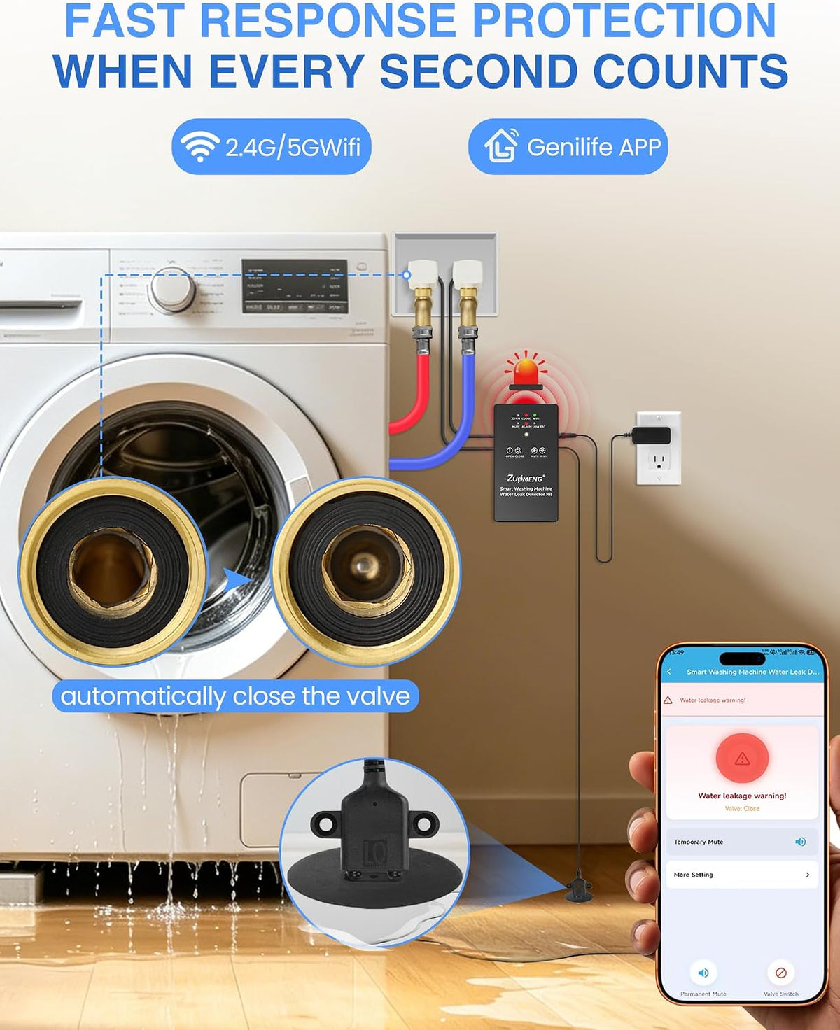 WiFi Washing Machine Water Leak Detector Kit with App Alerts & Sound Light Alarm, Dual Power Supply, High-Precision Sensor, Automatic Hot & Cold Shut-Off Valves (3/4" 90°)