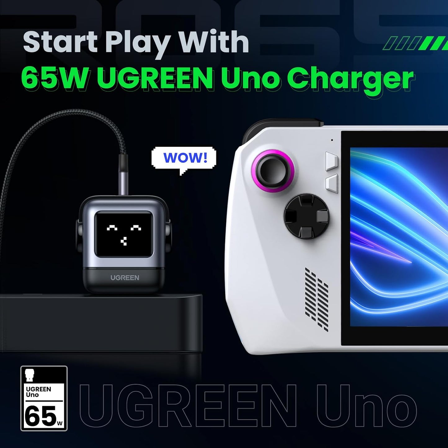 UGREEN Uno 65W USB C Charger Block, Nexode 3-Port GaN Fast Charger with Screen, Fun Robot Gifts for Men Women, Compatible with iPhone 17, MacBook Pro/Air/Neo, XPS, Galaxy S26, Steam Deck, Black