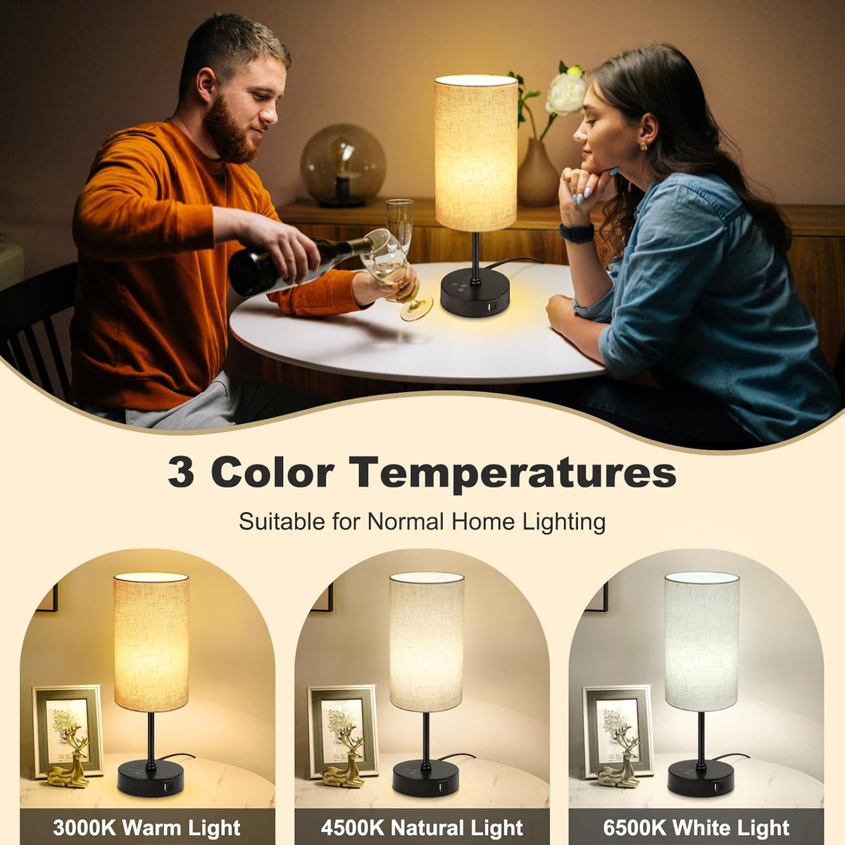 Table Lamp, 3 CCT 3000K/4500K/6500K & RGB Color Changing, Stepless Dimmable Small Bedside Lamp for Reading, Ambience Nightstand Light for Home Decor Party, Beige Shade