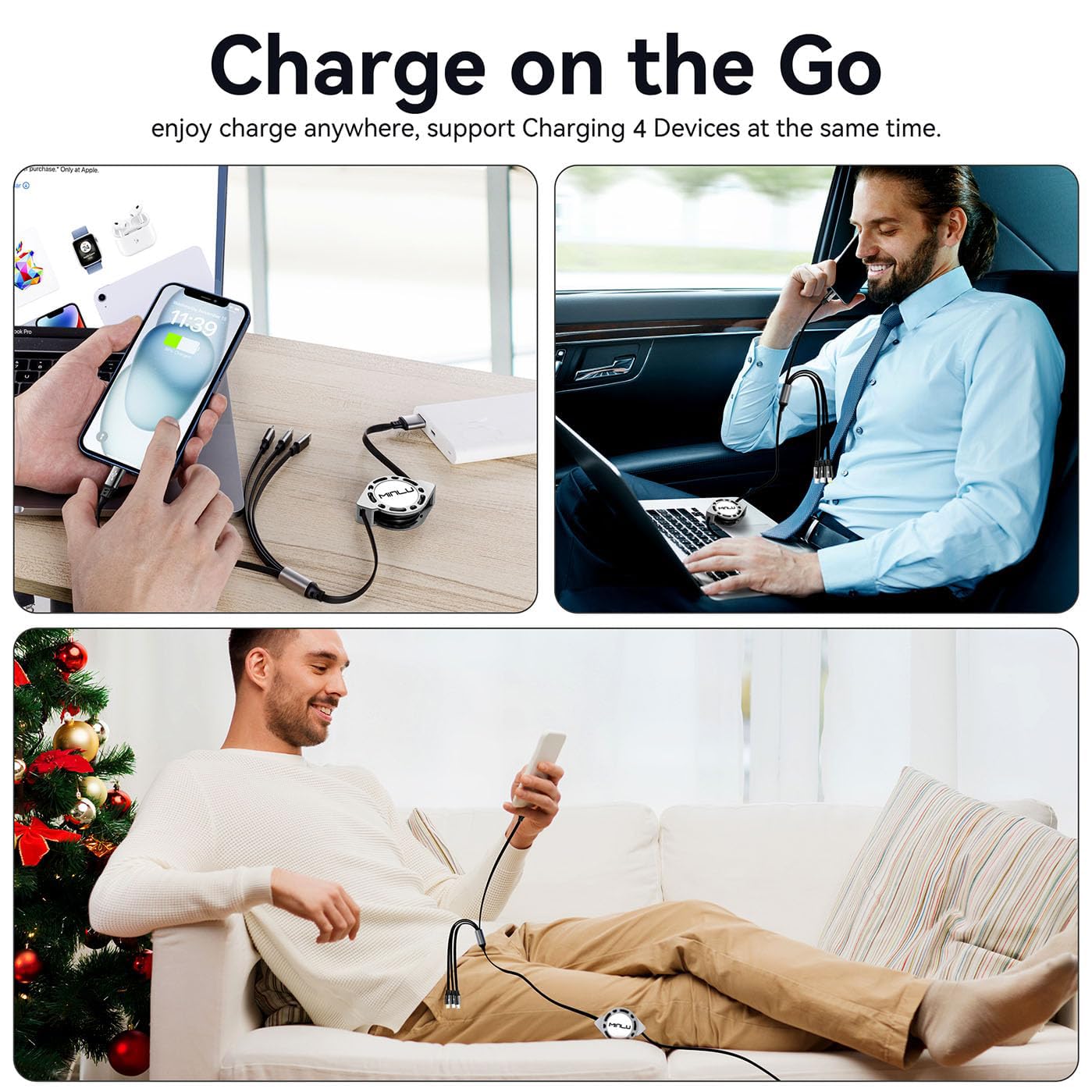 Multi USB Charger Cable 4A, Retractable Charging Cord for Multiple Devices | 4 in 1 Retractable Charger Cord with Type C/L/Micro USB Ports for iPhone 17 16 15 14/Samsung/Kindle Car Accessories-2Pack 4Ft
