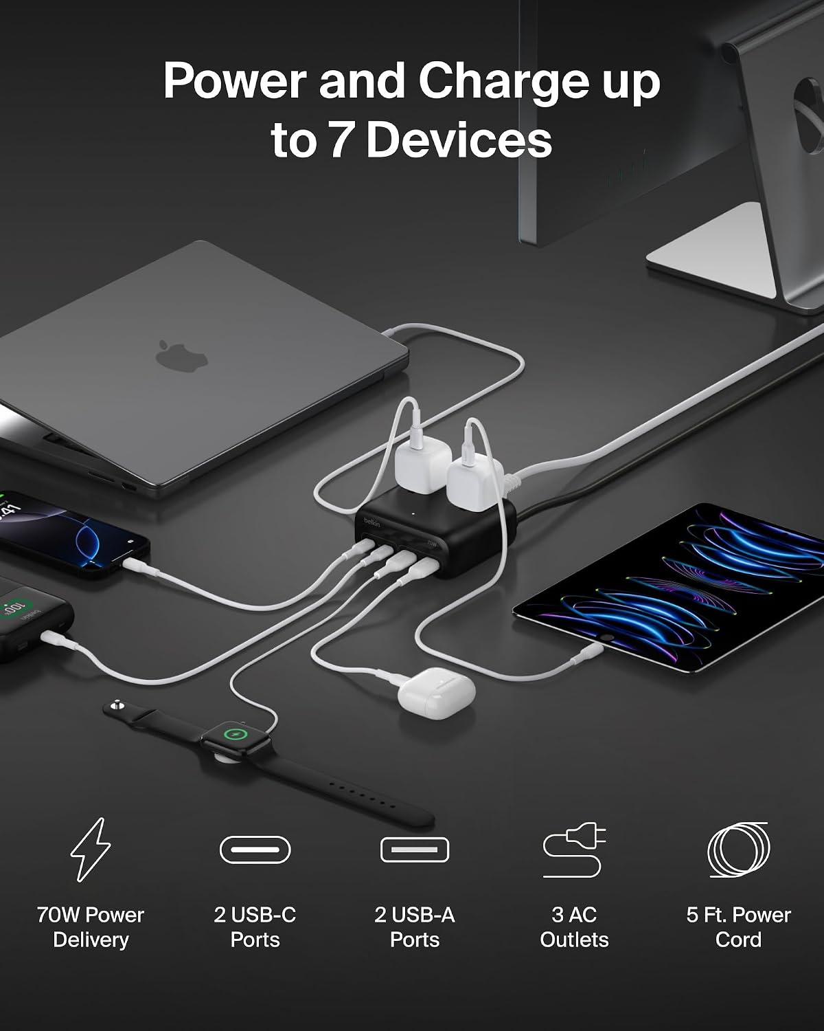 Belkin 70W GaN 7 in 1 Charging Station, 3X AC, 2X USB A, & 2X USB C Ports | Power strip, dual USB-C charger, iPhone 17/16/15, Apple Watch, iPad, MacBook, Samsung Galaxy S26, Pixel 10