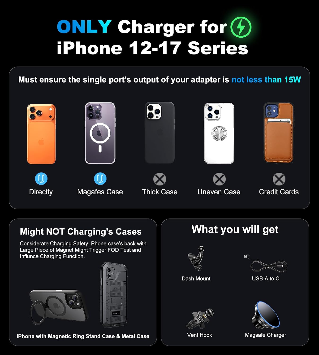 BHHB for iPhone 17 Magsafe Car Mount Charger, [2026 New] 15W 2in1 Magnetic Wireless Car Charger, fits for Magsafe Car Charger, Vent/Dashboard Phone Holder Mount for iPhone 17 16 15 14 13 12 Series
