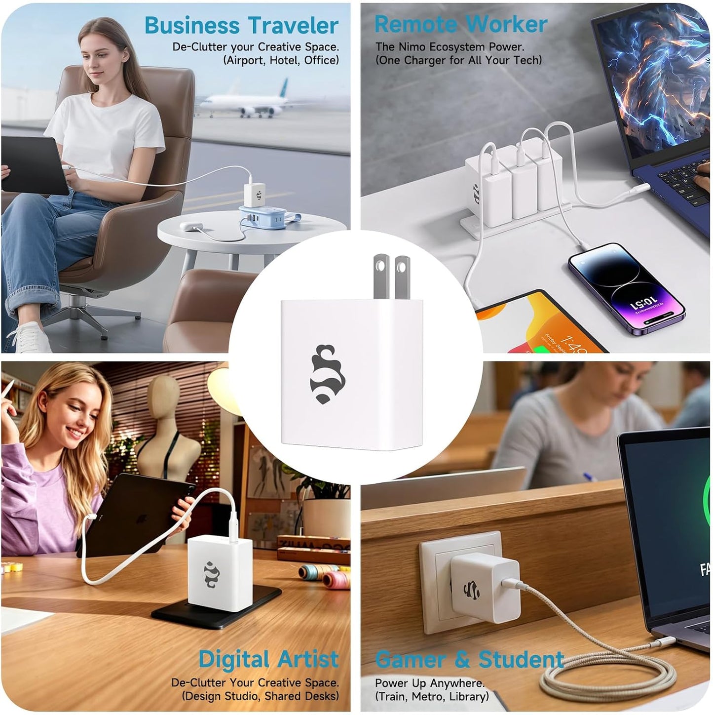 NIMO 65W GaN USB C Fast Charger, Compact PD 3.0 Adapter with 6.6ft Cable, Reliable Laptop Power Block for MacBook Pro/Air, iPhone-17/16 Pro Max, iPad, Sam-sung-S26/S25, PPS Charger for Travel Office