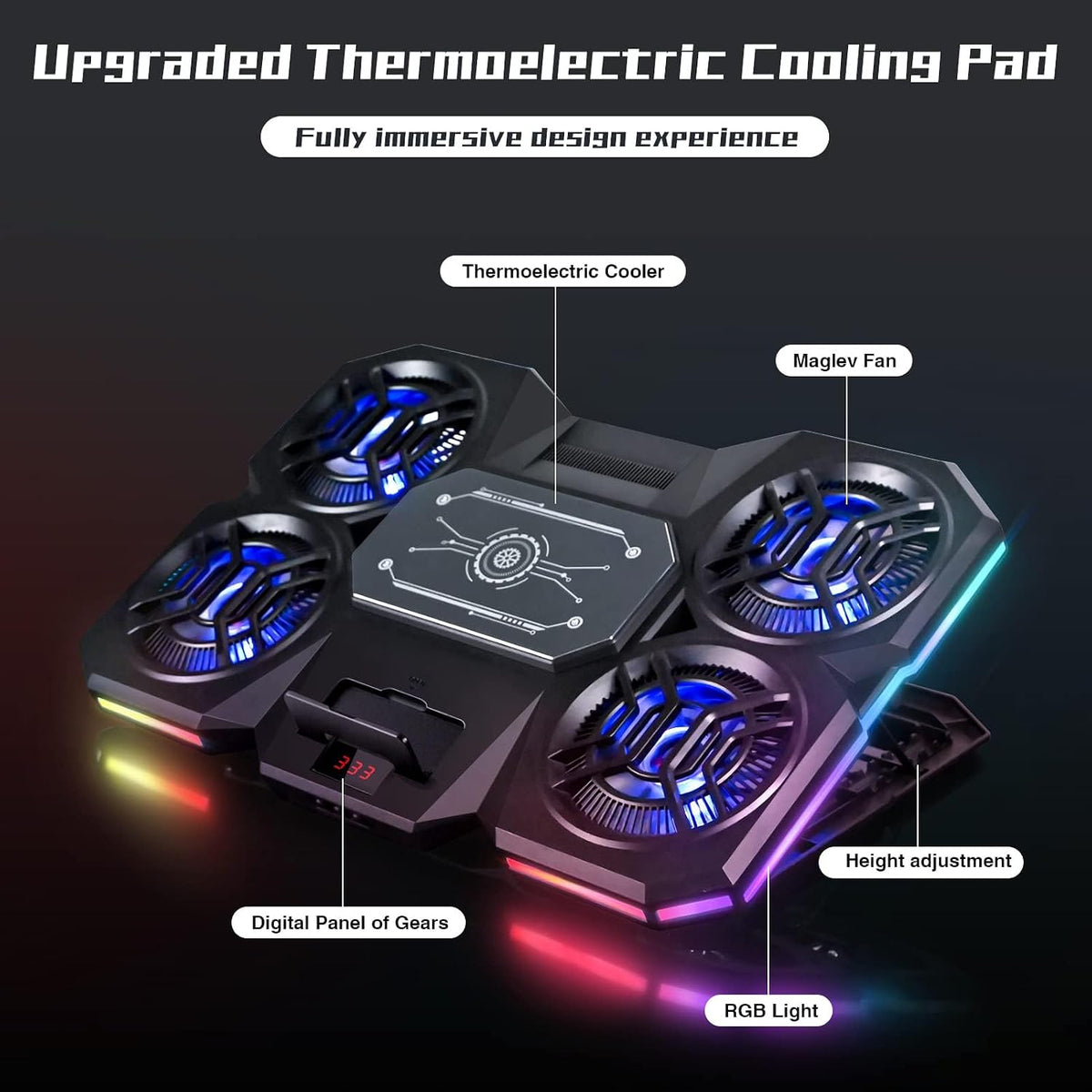 Laptop Cooling Pad with Thermoelectric Cooler and 4 Fans, Powerful Laptop Cooler, Independent Control, Multi-Gear Adjustment, RGB, 14-21 Inch Laptop Stand (14"/15.6"/17"/21")