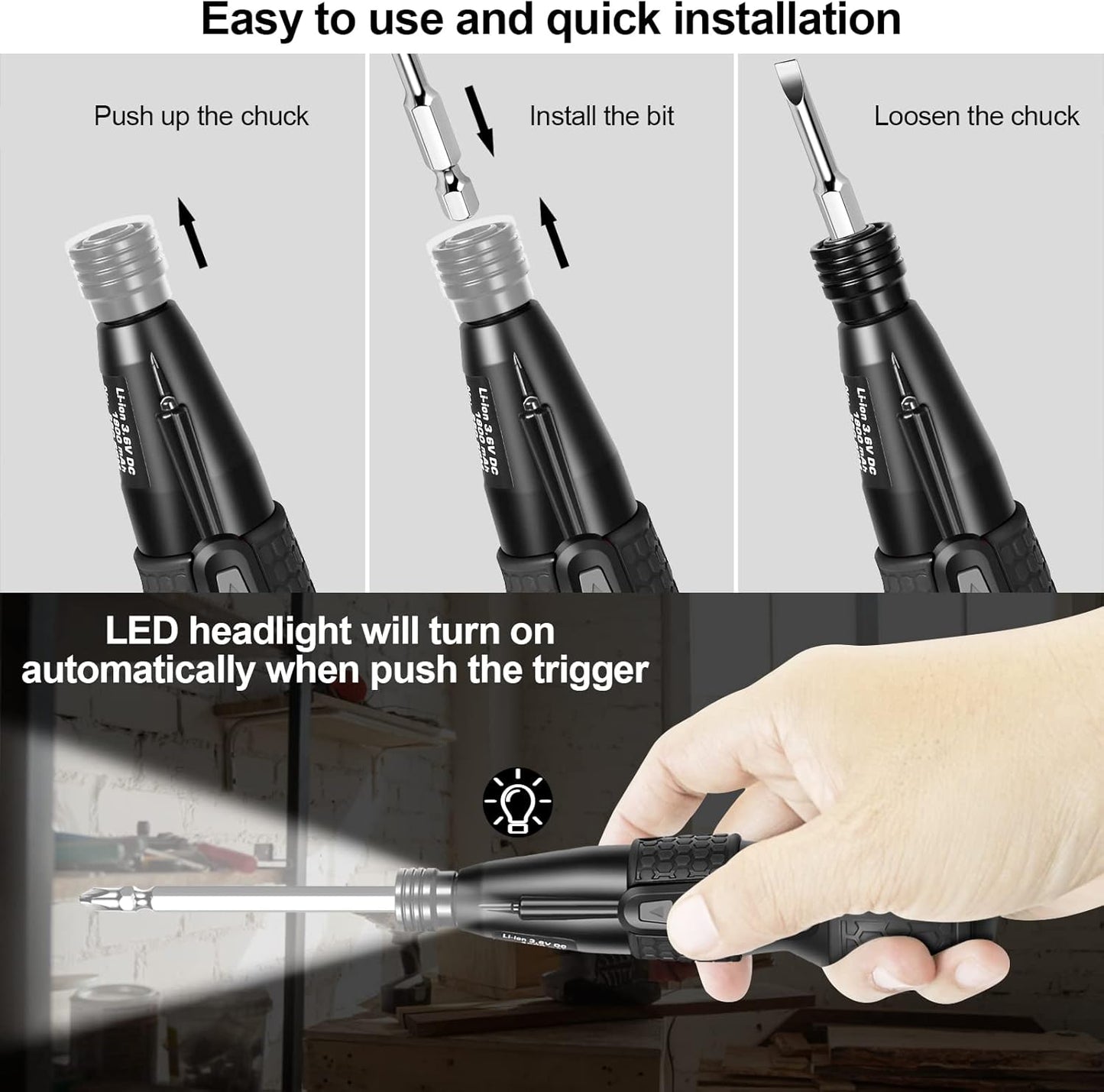 3.6V Cordless Electric Screwdriver - Magnetic 2-in-1(Manual & Automatic) with Forward/Reverse, 1800mAh USB-C Battery, LED Delay Light, Power Screwdrivers Set, Portable Automatic Home Repair Tool Kit