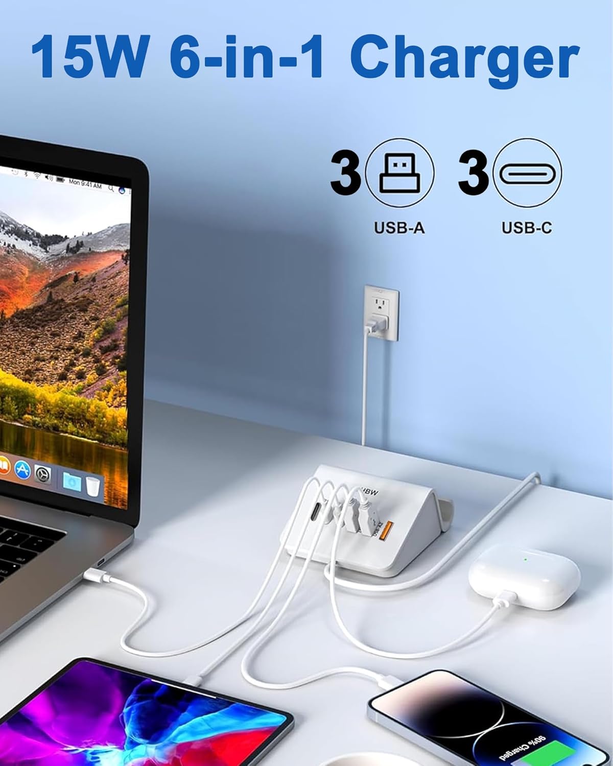 VHBW USB Charging Station, 6 Port 3USB-A and 3USB-C Charging Station for Multiple Devices, Multi USB Nightstand Charger Station with Phone Stand (ETL Listed, 6Ft Extension Cord, White)