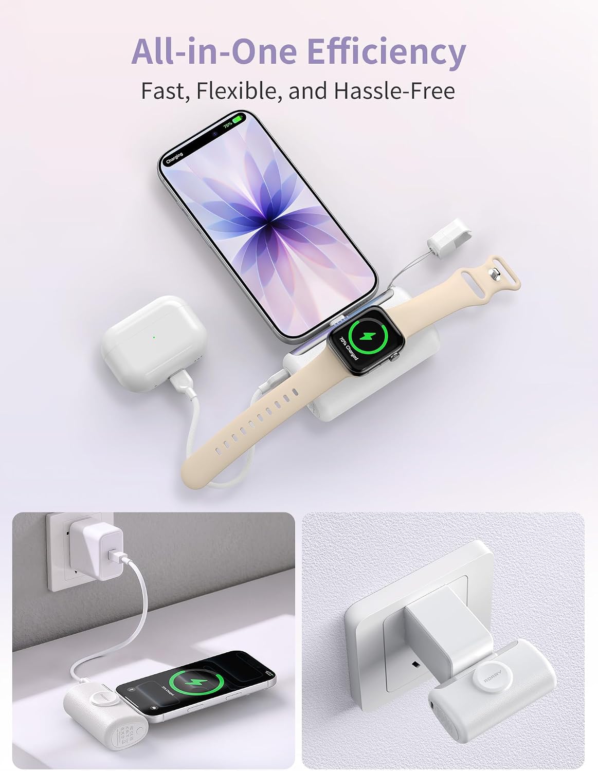 RORRY PalmGo Portable Charger Power Bank 10000mAh 3-in-1 Mini Battery Pack | Built-in USB-C Connector, 22.5W Fast Charging, for iPhone 17/16/15, Apple Watch, iPad, Travel Essential, Pocket Size