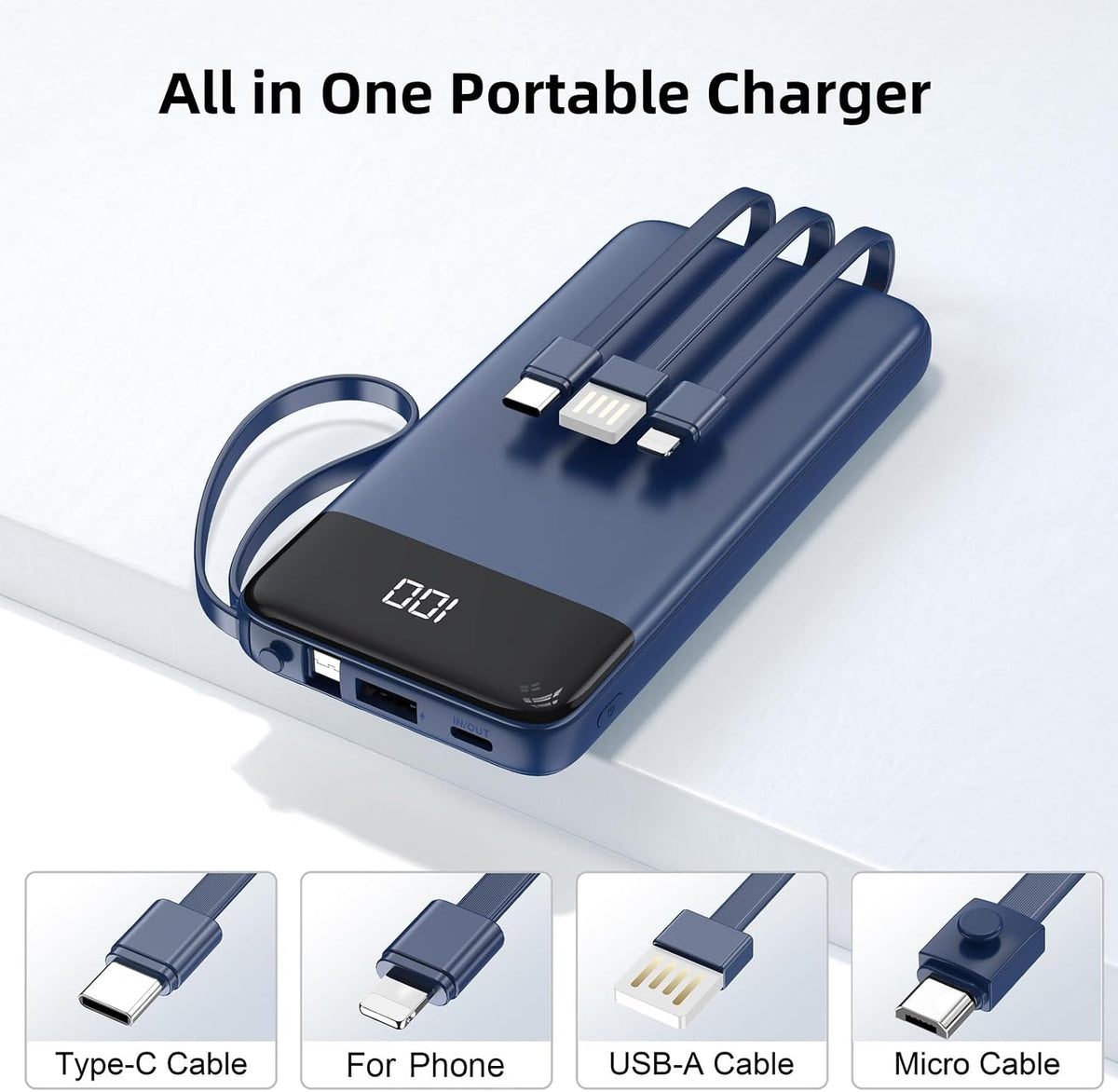 Portable Charger Built-in Cables,10000mAh Fast Charge Power Bank for iPhone | LED display, 0.64in Ultra Slim, Charge 5 Devices at Once, TSA Approved Travel Essential for iPhone/Samsung/iPad/Android