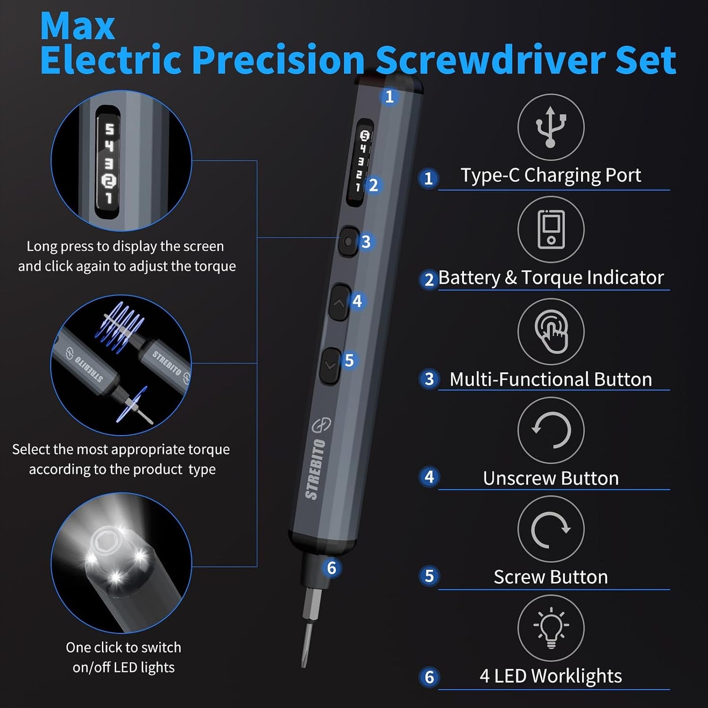 STREBITO Mini Electric Screwdriver, 70 in 1 Small electric screwdriver Set | 5 Upgraded Torque & Indicator, 64 S2 Preicison Bits, 4 LED Lights, Mini Power Screwdriver Repair Tool Kit for PC Electronic