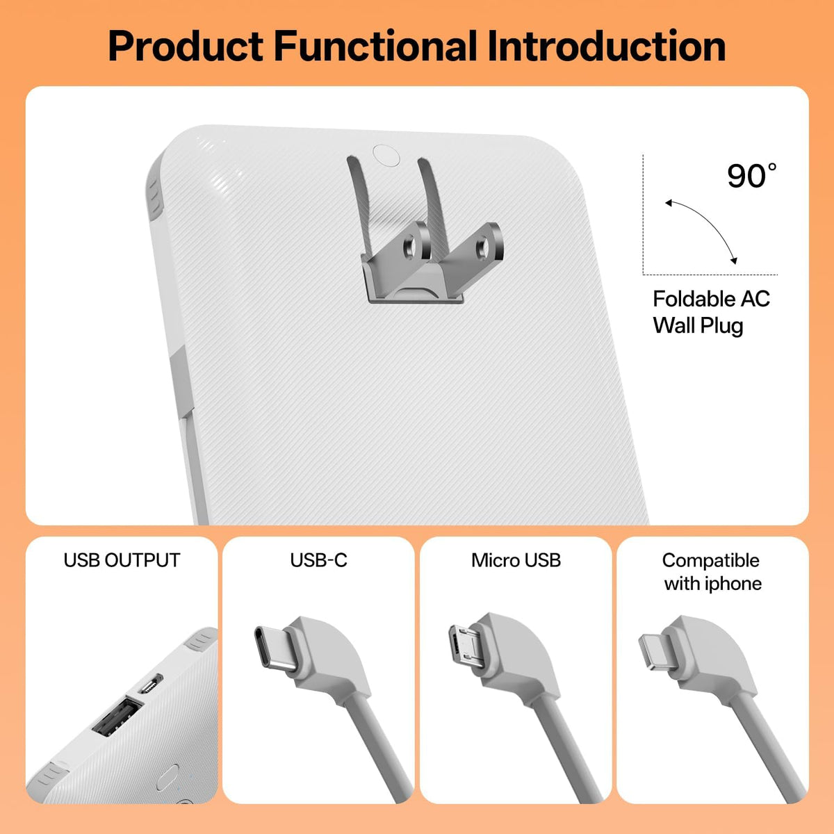 Portable Charger with Built-in Cables and AC Wall Plug, USB C External Battery Pack, 10000mAh Travel Essentials Power Bank Compatible with iPhone17/16/15/14/13, Samsung Galaxy, Pixel,Tablet and More