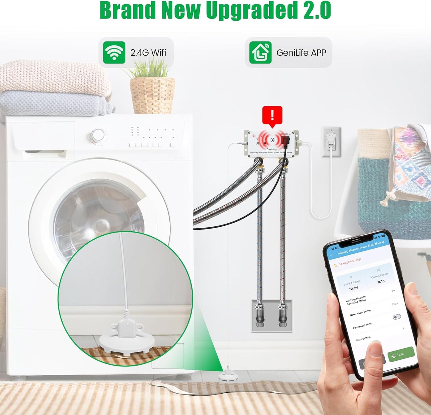 WiFi Smart Water Shutoff Valve with Leak Sensor, 3/4" Brass Valve & Extra Hose, Effortless Remote Control and Real-Time Water Leak Alerts via App, White