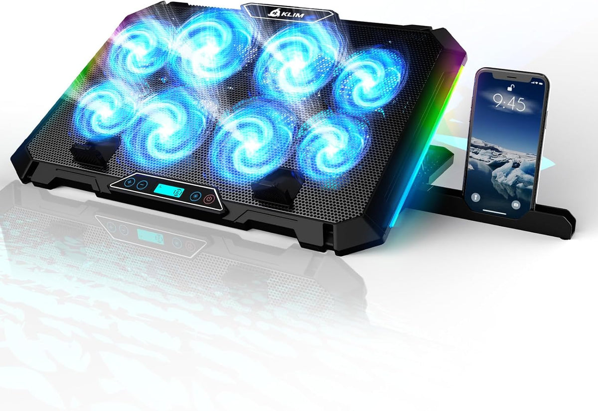 KLIM V8 Gaming Laptop Cooling Pad with 8 Fans + New Version + Gaming Laptop Cooler + Stable RGB Laptop Stand with Fan + Compatible up to 17" + 2 USB Ports + Phone Holder + 5 Year Assurance