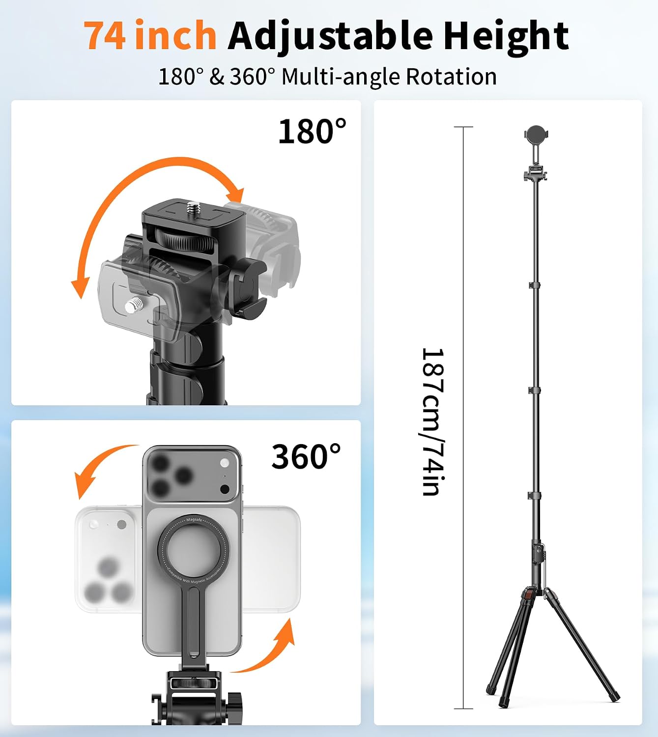 74" Magnetic Phone Tripod with Phone Clip for Magsafe, Camera Tripod | Aluminum Phone Tripod with Remote & Cold Shoe,Camera Stand Tripod for iPhone/Canon/Nikon/DSLR/Digital Camera Accessory Kits