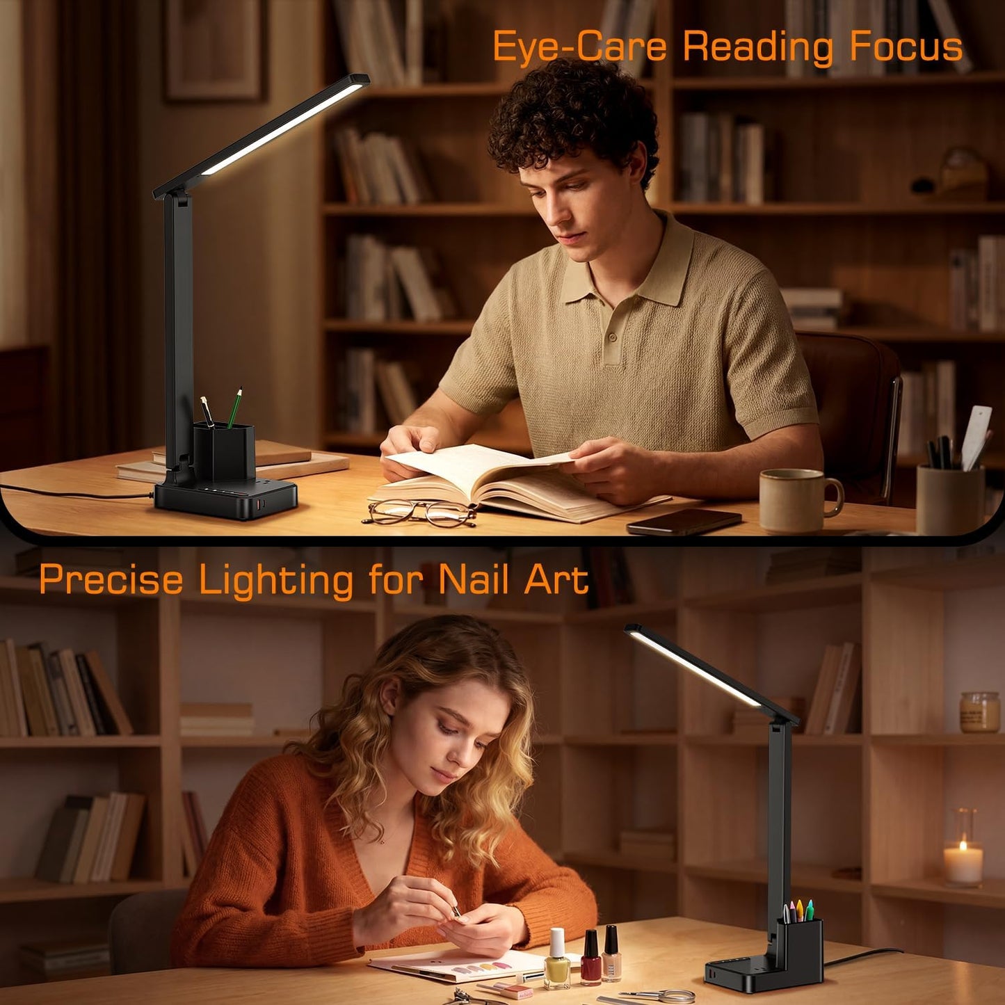 LED Desk Lamp USB A/C AC Pen Holder Dorm Home Office Desk Light Black | Adjustable LED Desk Light with USB A/C, AC Outlet, Pen Holder; Small Desk Lamp for Dorm, Study, Craft & Home Office